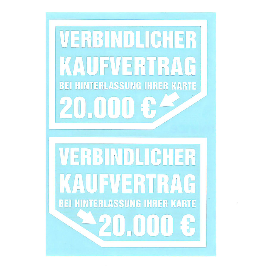 Aufkleber "VERBINDLICHER KAUFVERTRAG...", Auto-Sticker in Weiß, selbstklebend, 1 Bogen mit 2 Stickern - ATU