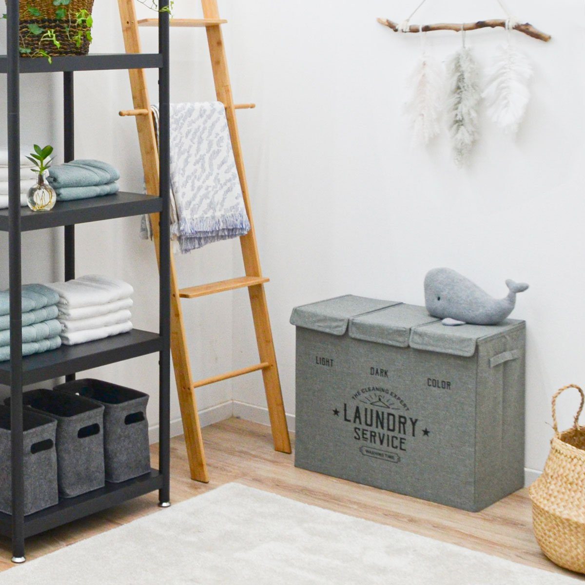 DuneDesign Wäschekorb 3 Fächer Wäschekorb mit Deckel 84L Wäschesammler, Faltbar - 60x30x50 Wäschebox