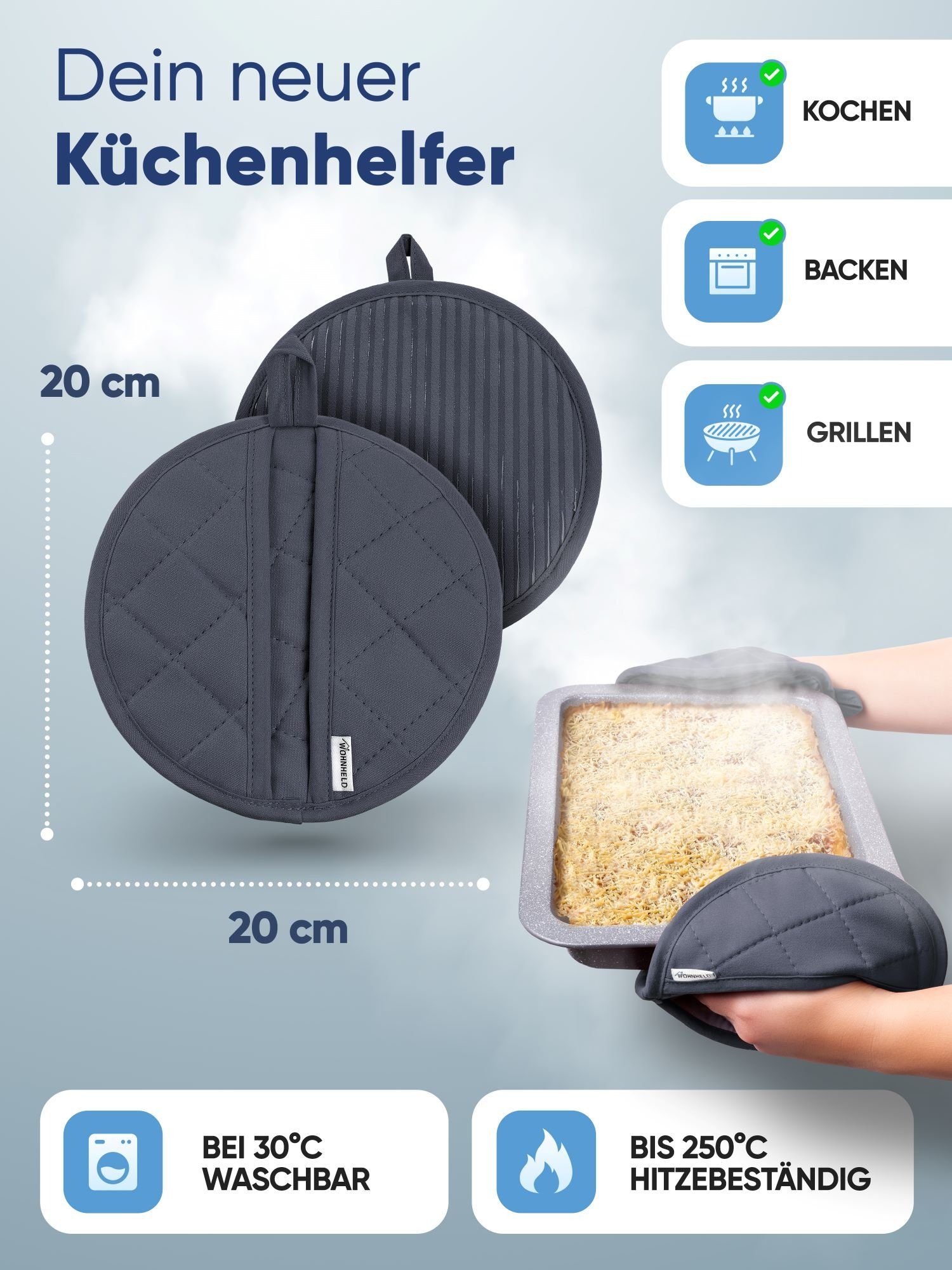 Wohnheld Topflappen WOHNHELD® Topflappen & Ofenhandschuhe 2er Set hitzebeständig 250° C, (Rund, bestehend aus 2x Ofenhandschuh), hitzebeständig, perfekter Schutz