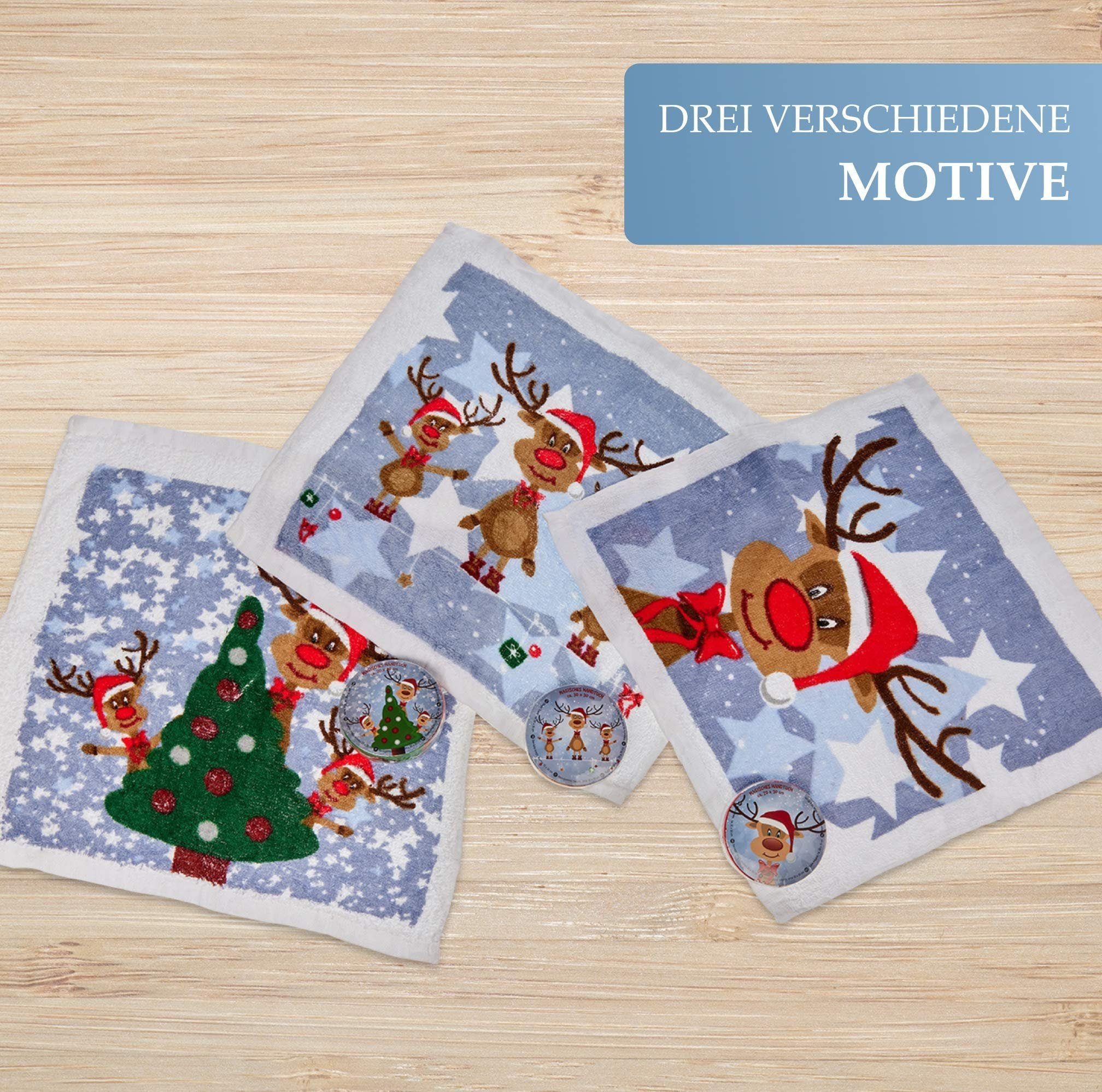 Bada Bing Handtücher Magisches Handtuch Rentier Rudolph Zaubertuch ca. 30x30cm Weihnachten, Baumwolle (6-St), Waschlappen mit Lasche zum Aufhängen