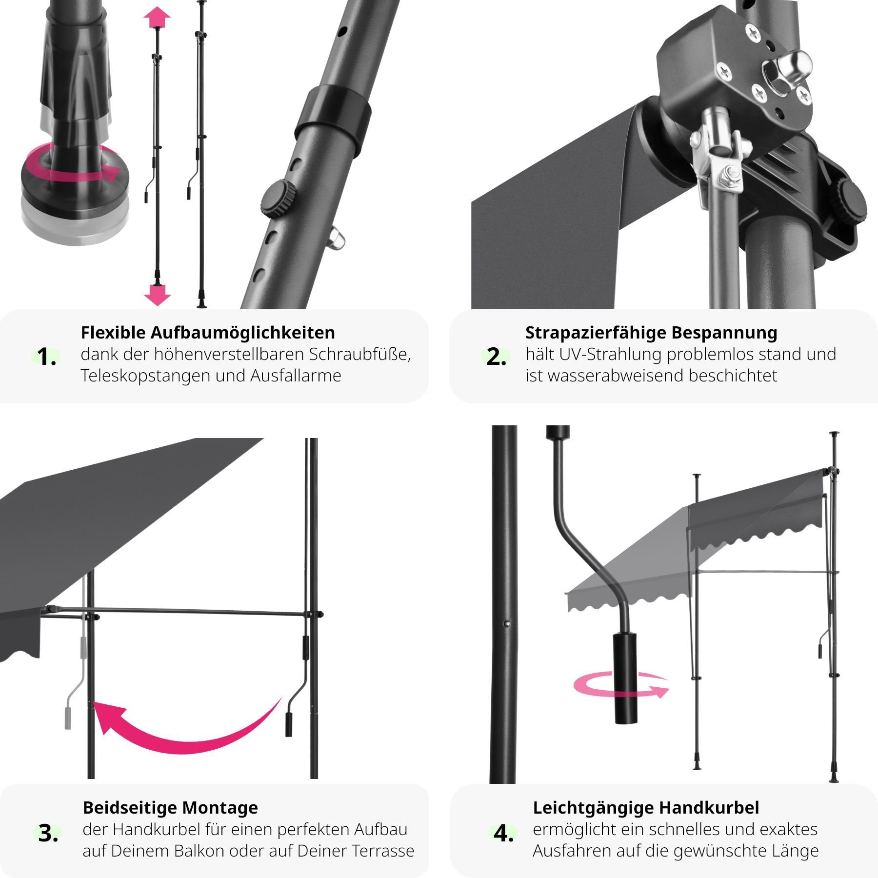 tectake Klemm-Senkrechtmarkise Klemmmarkise mit Handkurbel, höhenverstellbar