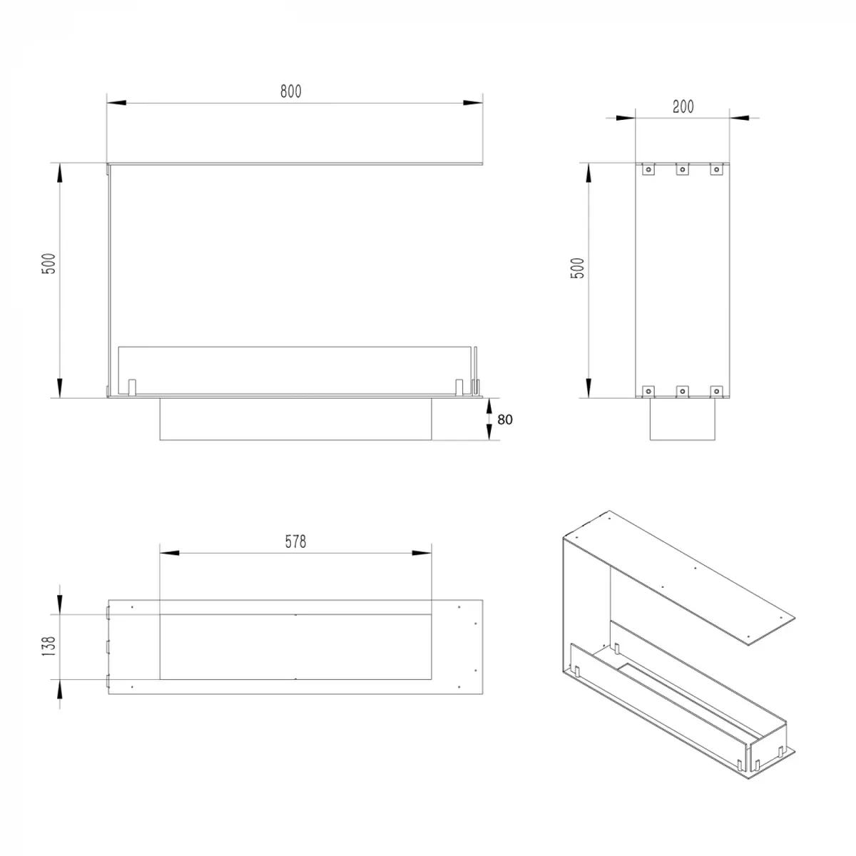 Foco Foco Raumteiler 800 Slim, Schwarz, 80x50x20 cm, Bioethanol-Einbaukamin, manueller Brenner, 7,5 Stunden Brenndauer, 3,3 kW.
