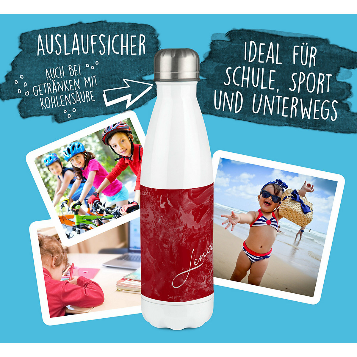 Edelstahl Kinder Thermoflasche / Trinkflasche bunt Traum Farbe rot Spülmaschinenfest, Auslaufsicher, Bruchfest, Doppelwandig, Für Heißgetränke geeignet, Mit Deckel, Isoliert