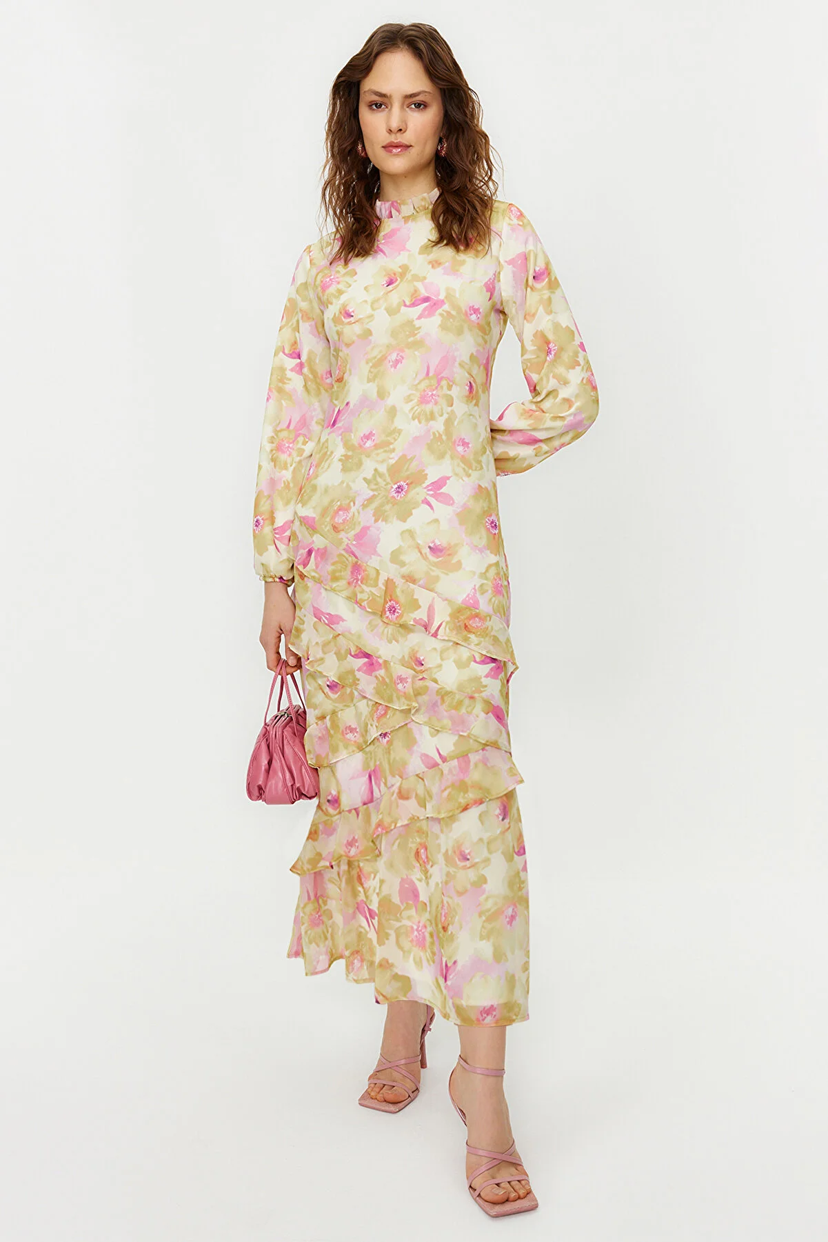 Trendyol Modest  Grüner Blumenrock, gerüschtes, gefüttertes Kleid aus gewebtem Chiffon TCTSS24EB00036
