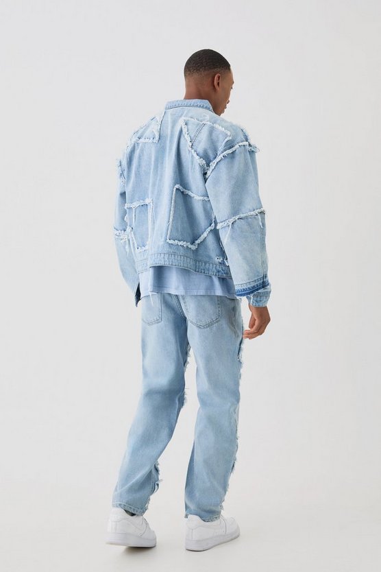 Lockere zerrissene Patchwork Jeans in Hellblau