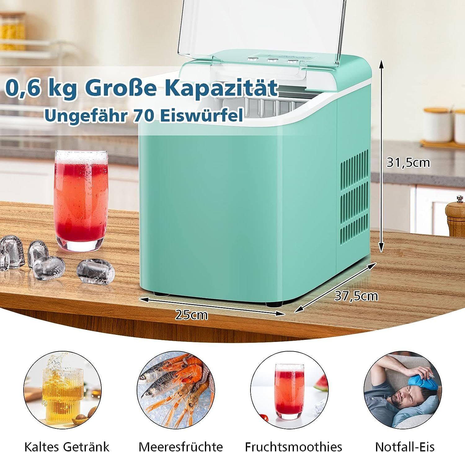 KOMFOTTEU Eiswürfelmaschine, mit LCD-Display, 2,1 Liter Wassertank, 12 kg in 24 Std