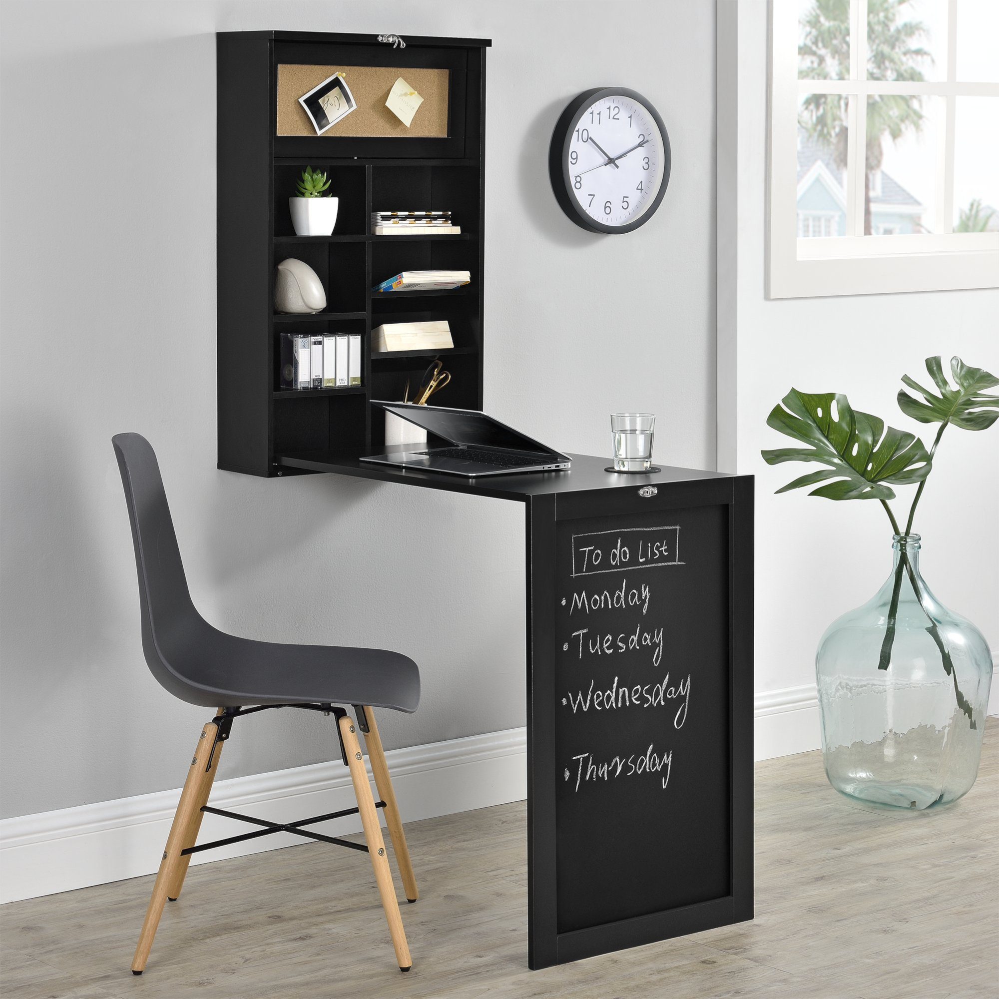 en.casa Wandregaltisch, Kläppen Klappbarer Tisch mit Regal, Pinnwand & Tafel Schwarz
