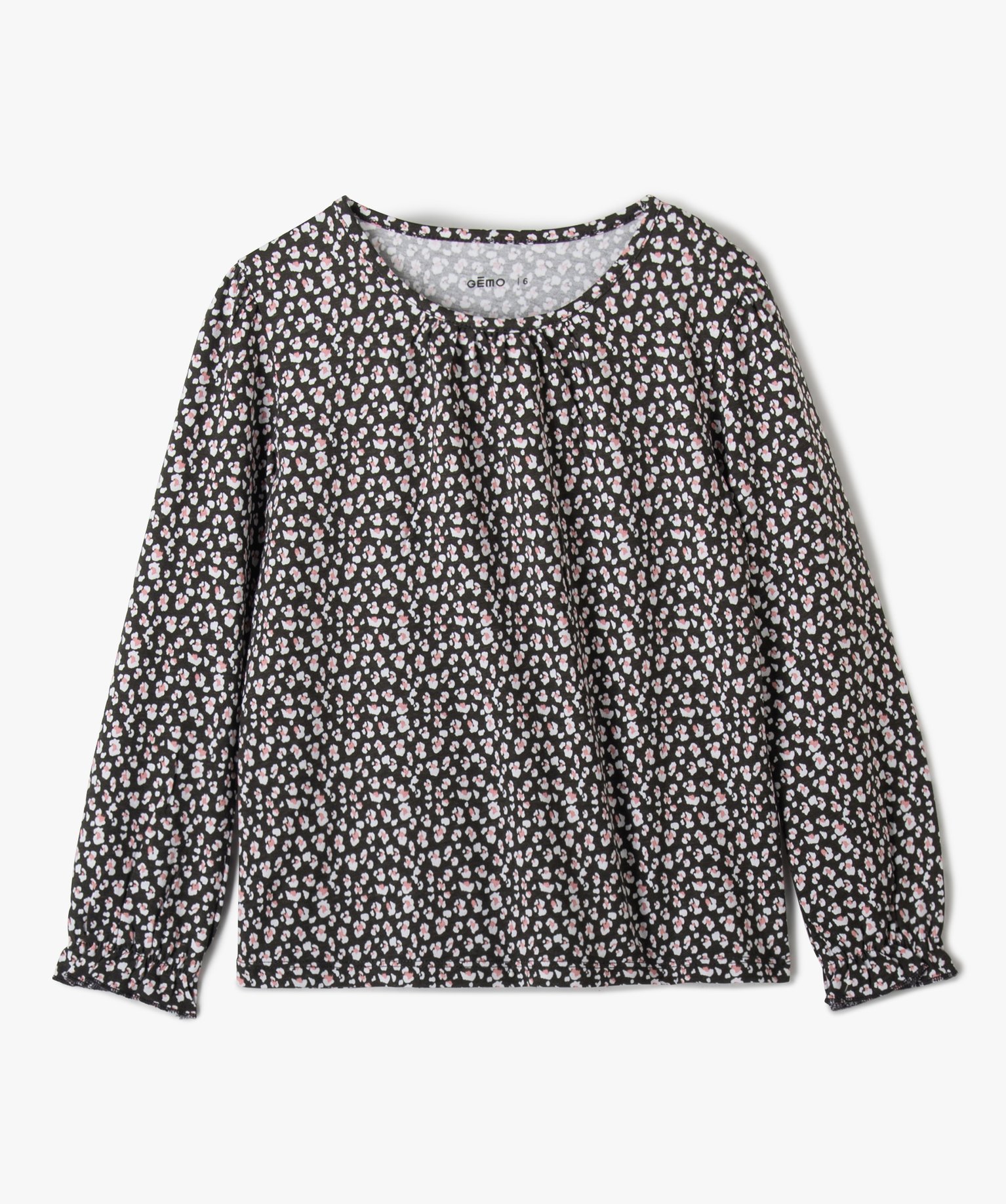 Tee-shirt fille imprimé à manches longues et fronces gris | GEMO
