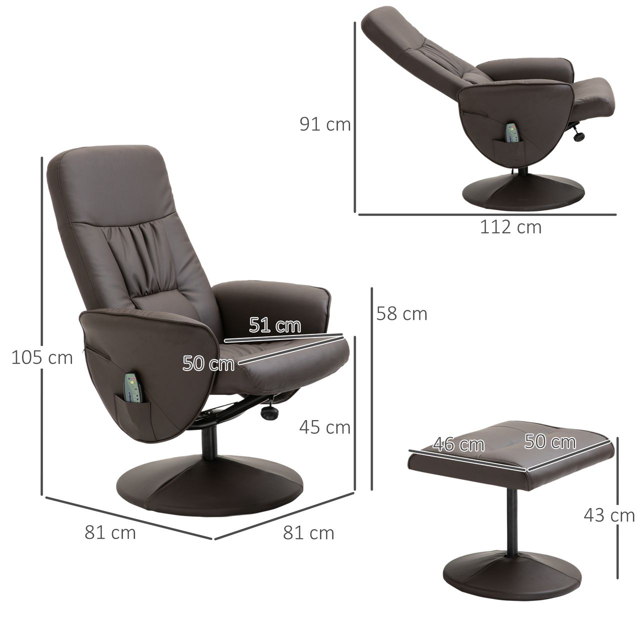 HOMCOM Relaxsessel mit Liegefunktion Massagesessel mit Fußhocker Braun