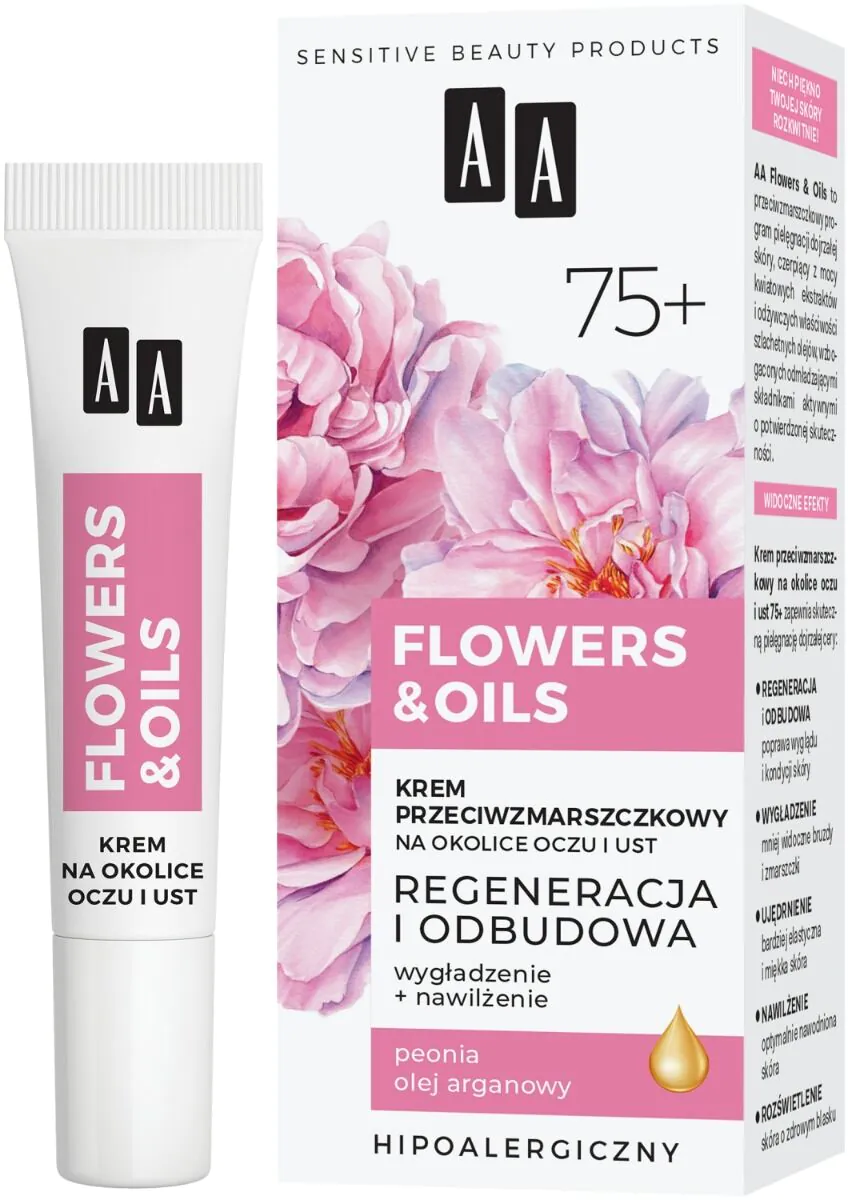 AA Flowers & Oils 75+ atkuriamasis kremas nuo raukšlių akių ir lūpų sričiai