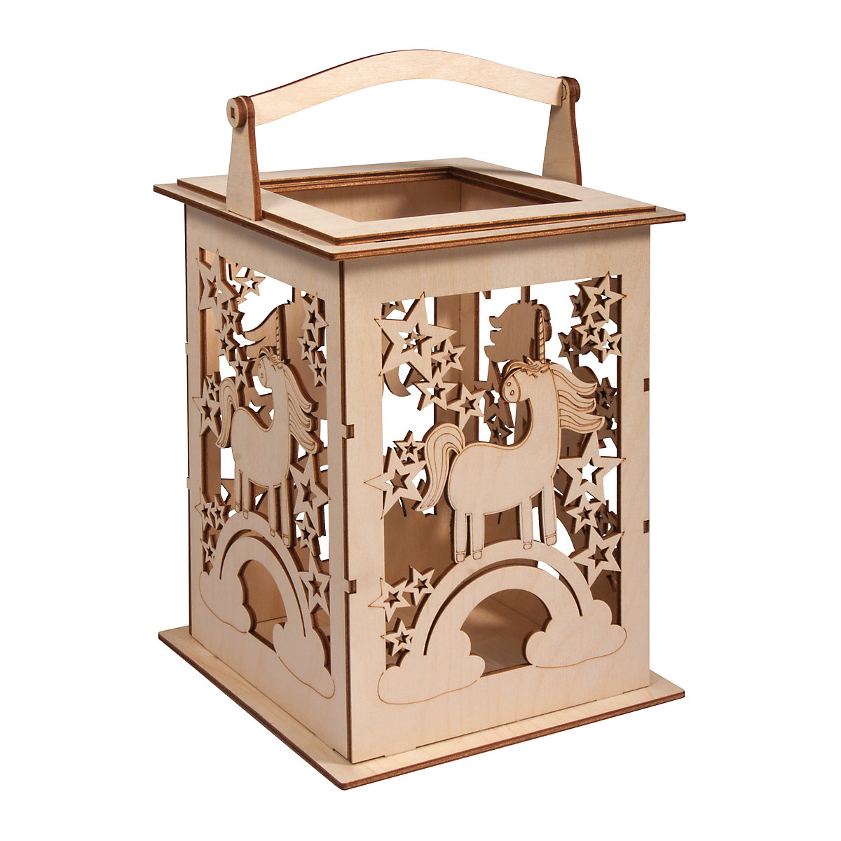 Holz-Laterne Einhorn mit Griff, natur, 15,3 x 15,3 x 26,5 cm, 15-tlg.