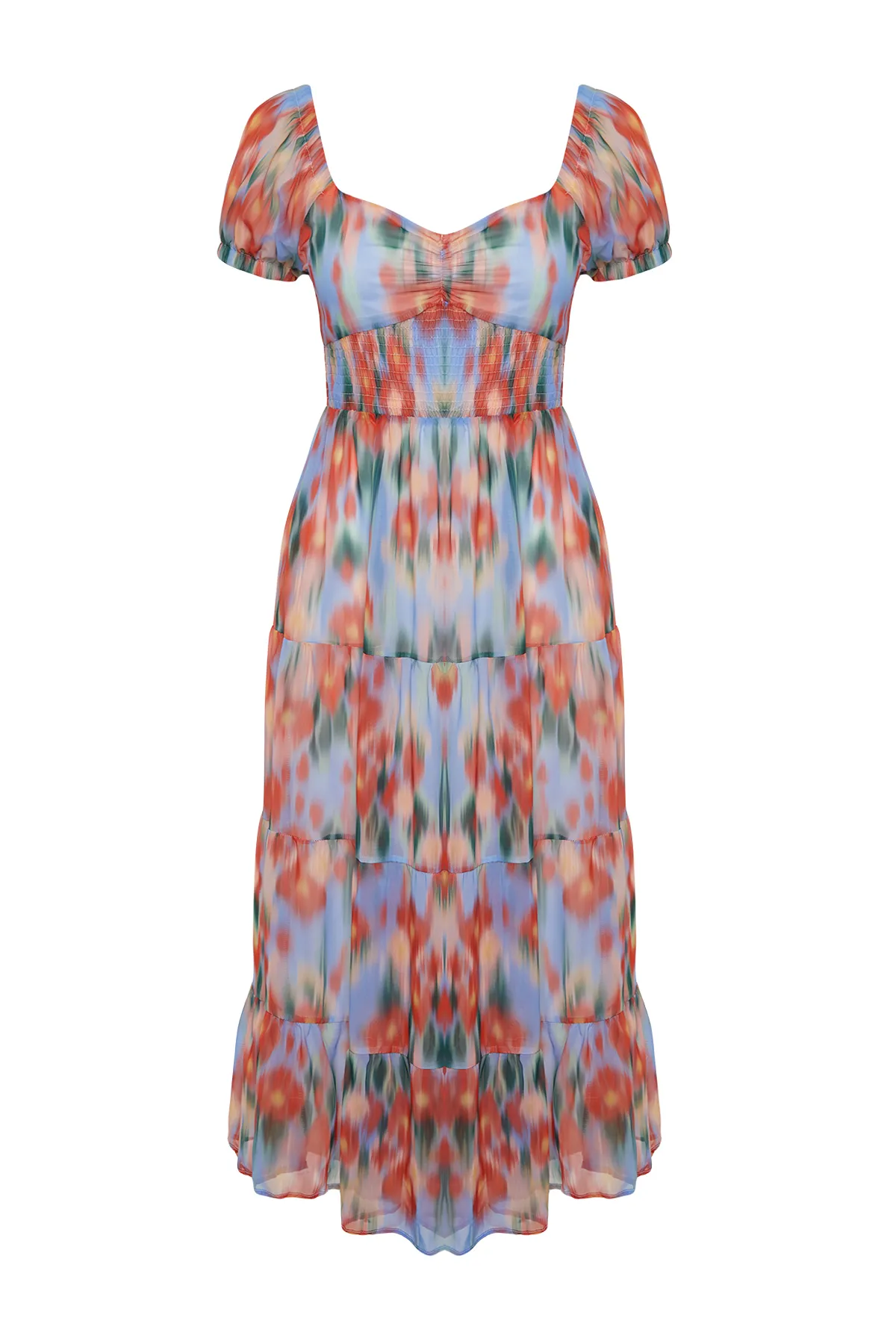 Trendyol Collection  Blauer Blumendruck - Gipe Detailliertes A-Linien-Maxikleid TWOSS24EL00807