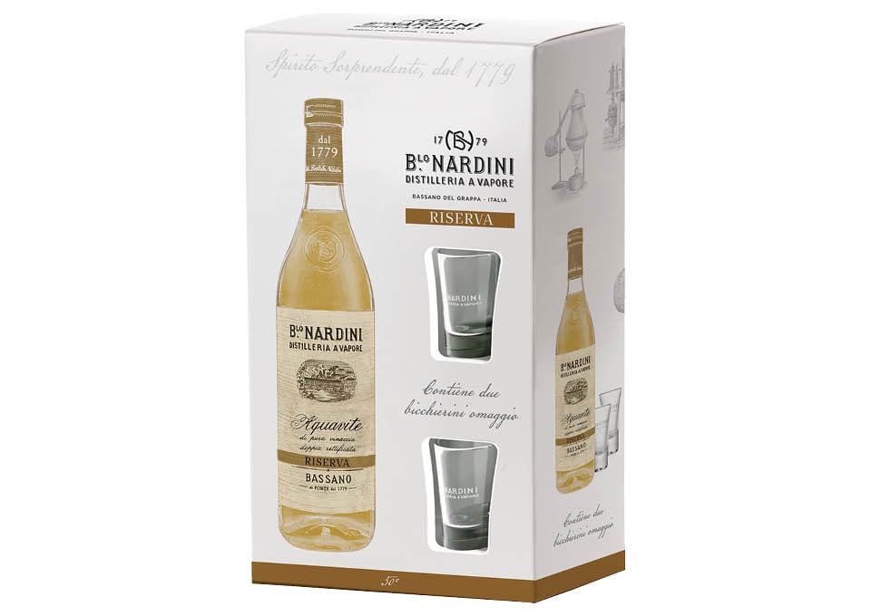 Grappa Riserva Nardini 0,7 ℓ, Emballage avec des verres