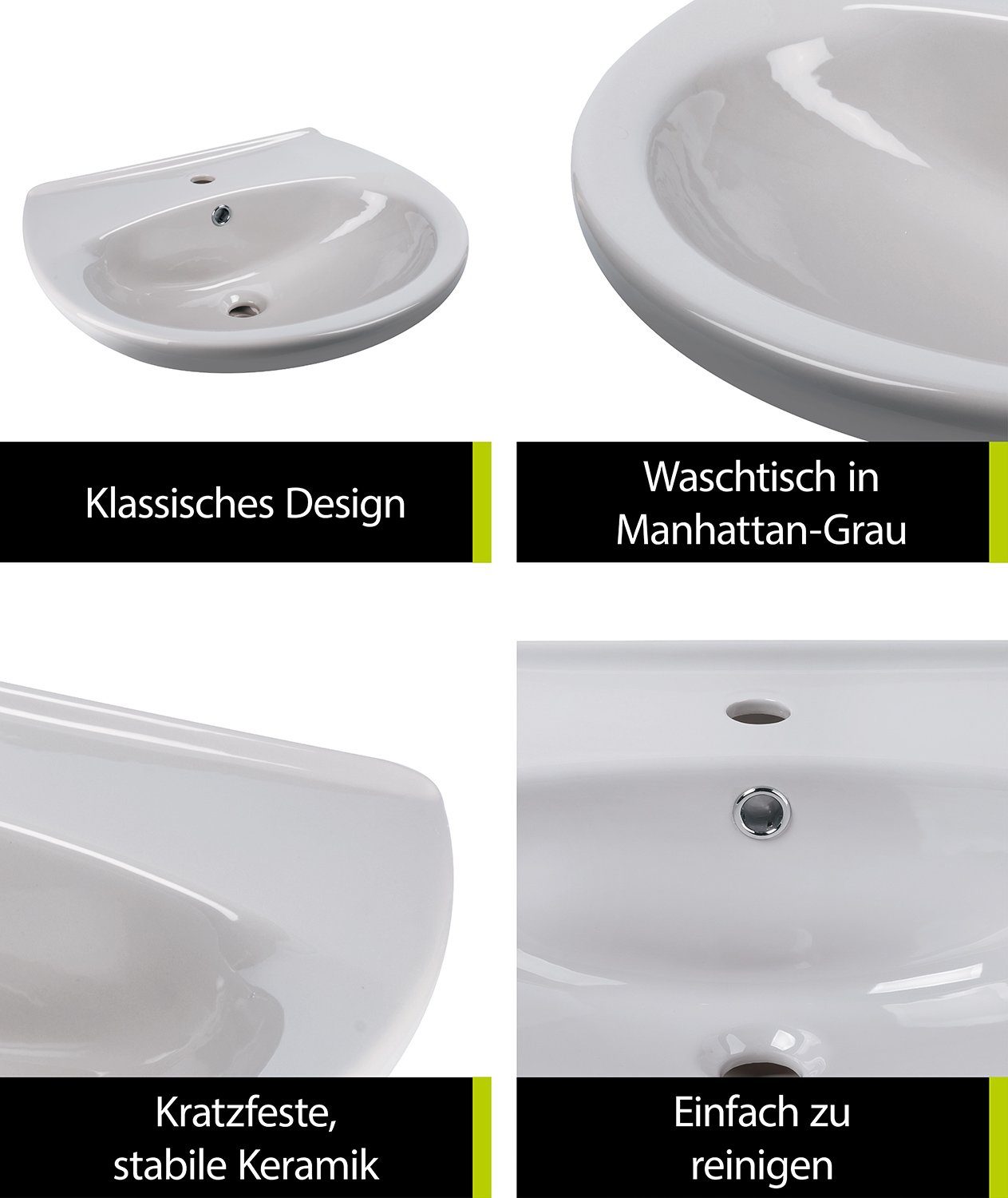 aquaSu Waschbecken (Hänge-Waschtisch oder Aufsatz-Waschtisch, 1-St., Waschbecken mit Überlauflaufschutz), 60 cm, Keramik, Manhattan-Grau, Überlaufschutz, 561341