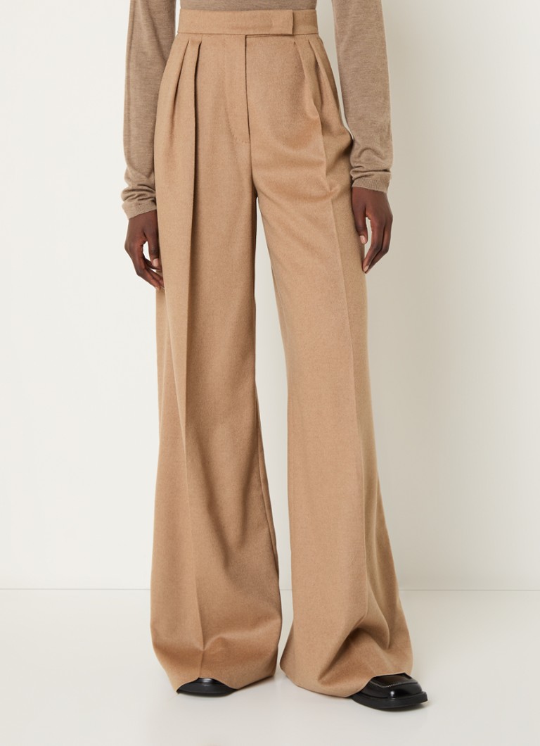 Pantaloni MaxMara Fagus din lână cu talie înaltă și croială lată, de culoare camel.