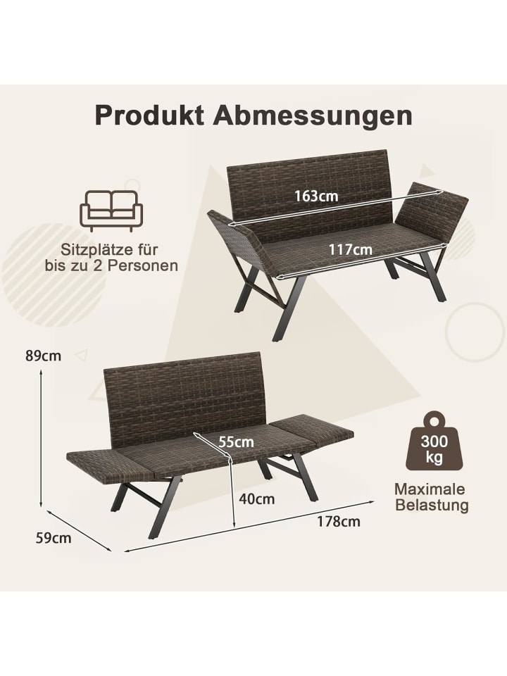 COSTWAY Polyrattan Gartenbank mit Liegefunktion in Grau günstig kaufen onesize