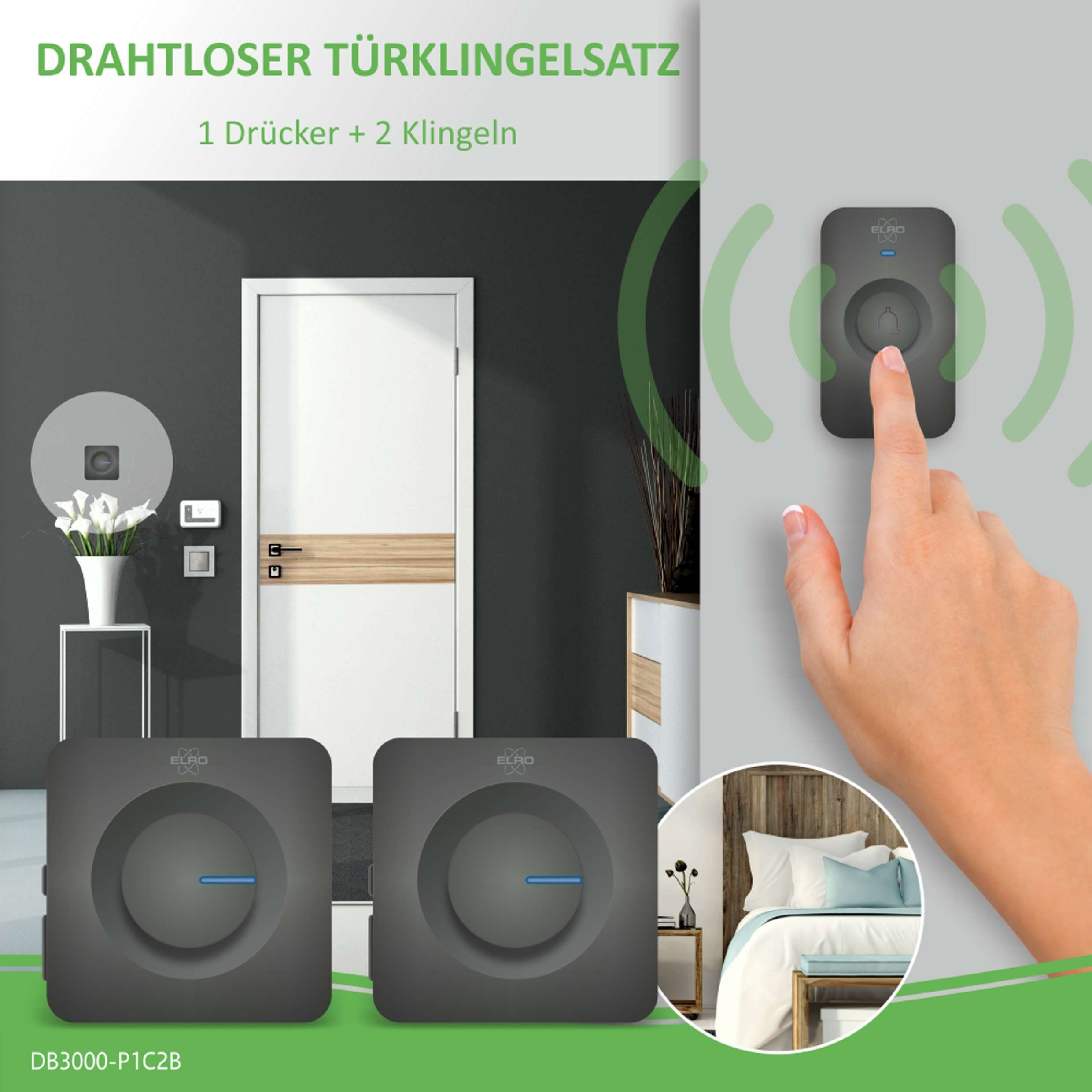 Elro Türklingel-Set DB3000-P1C2, 2 Empfänger, 52 Klingeltöne, (Komplett-Set, 3-tlg., Klingeldrücker und Empfänger), Drahtloses Türklingel Set