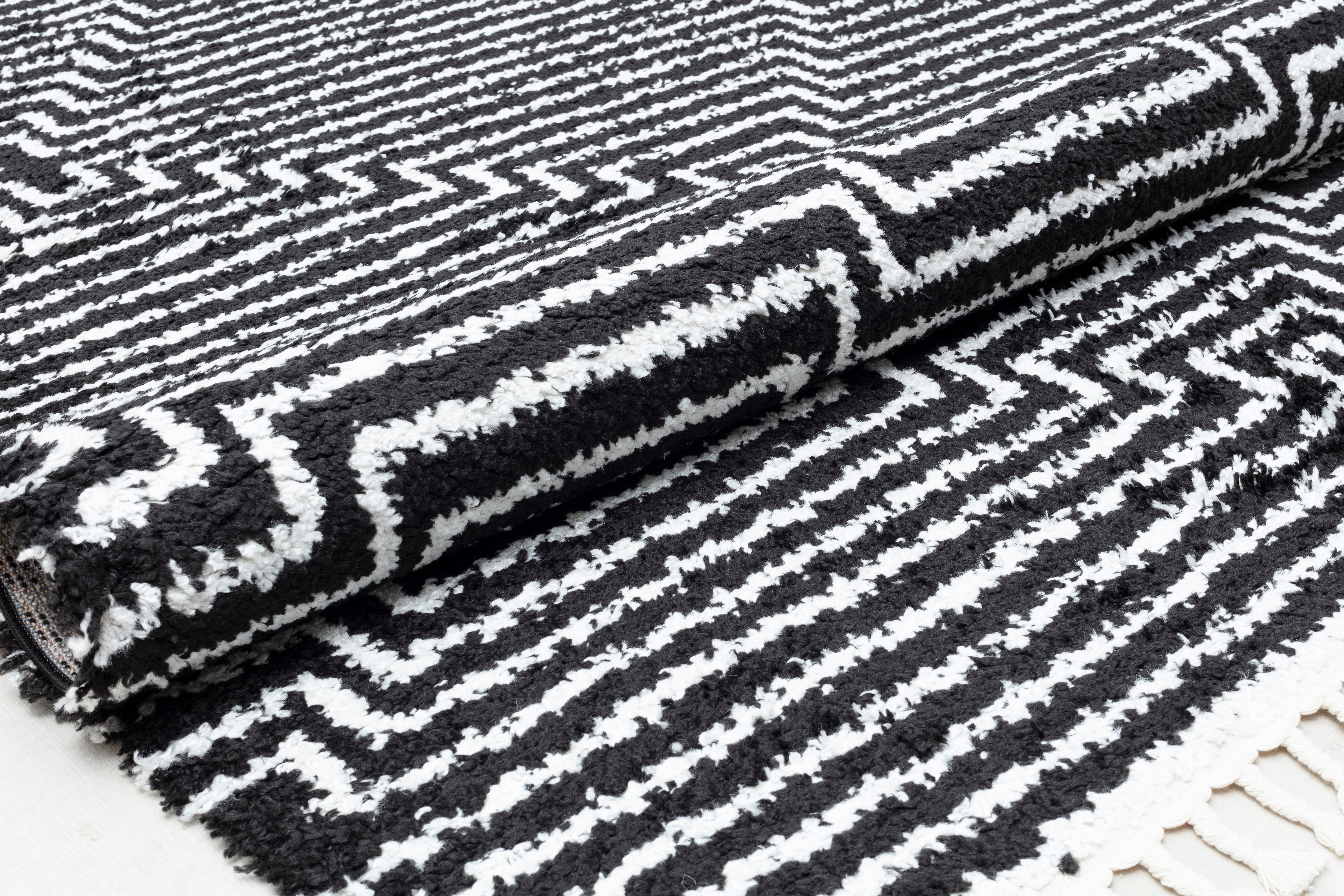 Hochflor-Teppich Bennett BT20, CosmoLiving by Cosmopolitan, rechteckig, Höhe: 32 mm, Boho-Look, Rauten-Design, Scandi-Look, modernder mit Fransen, weich