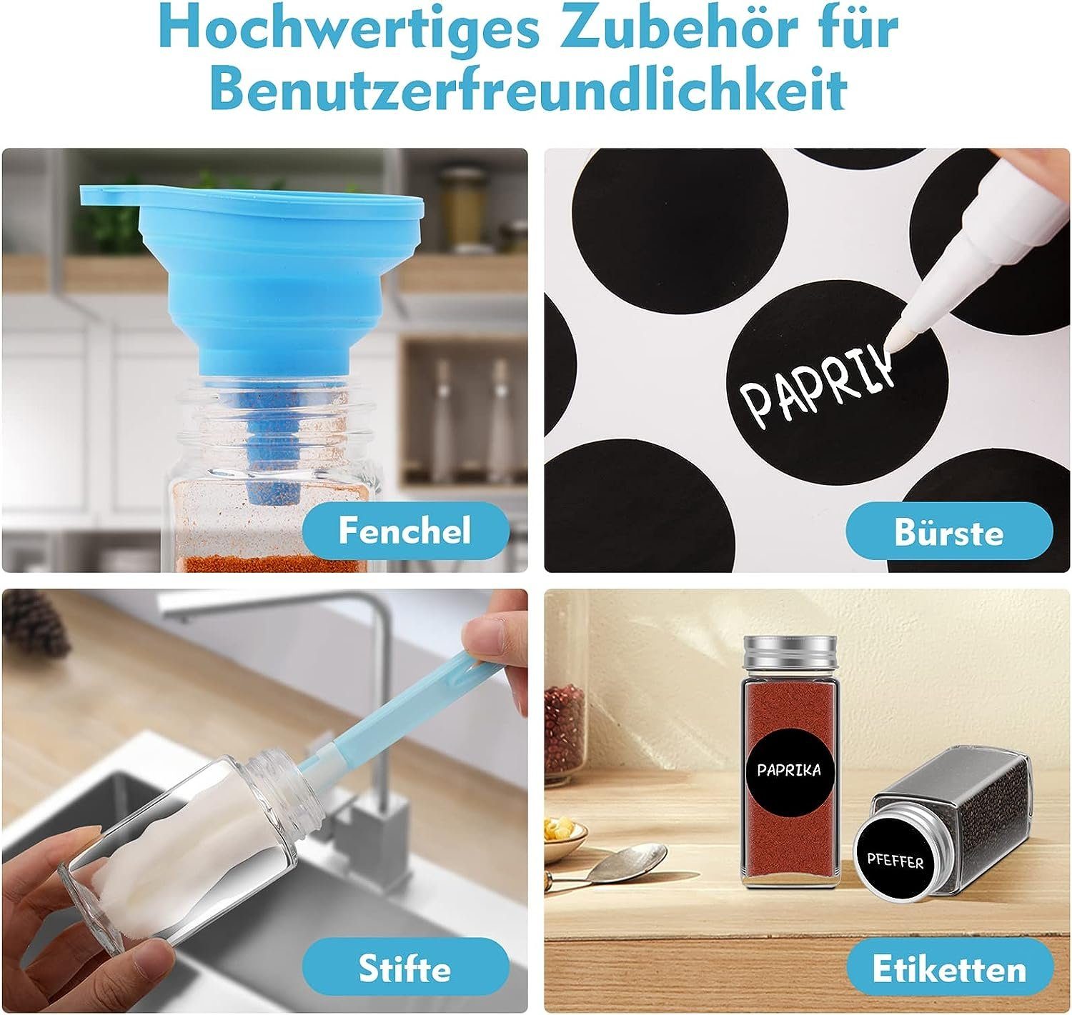 vokarala Gewürzbehälter Gewürzgläser Eckig 24 Set Glasbehälter Gewürzdosen aus Glas 120ml, (24-tlg), Gewürzstreuer mit Etiketten für Küche