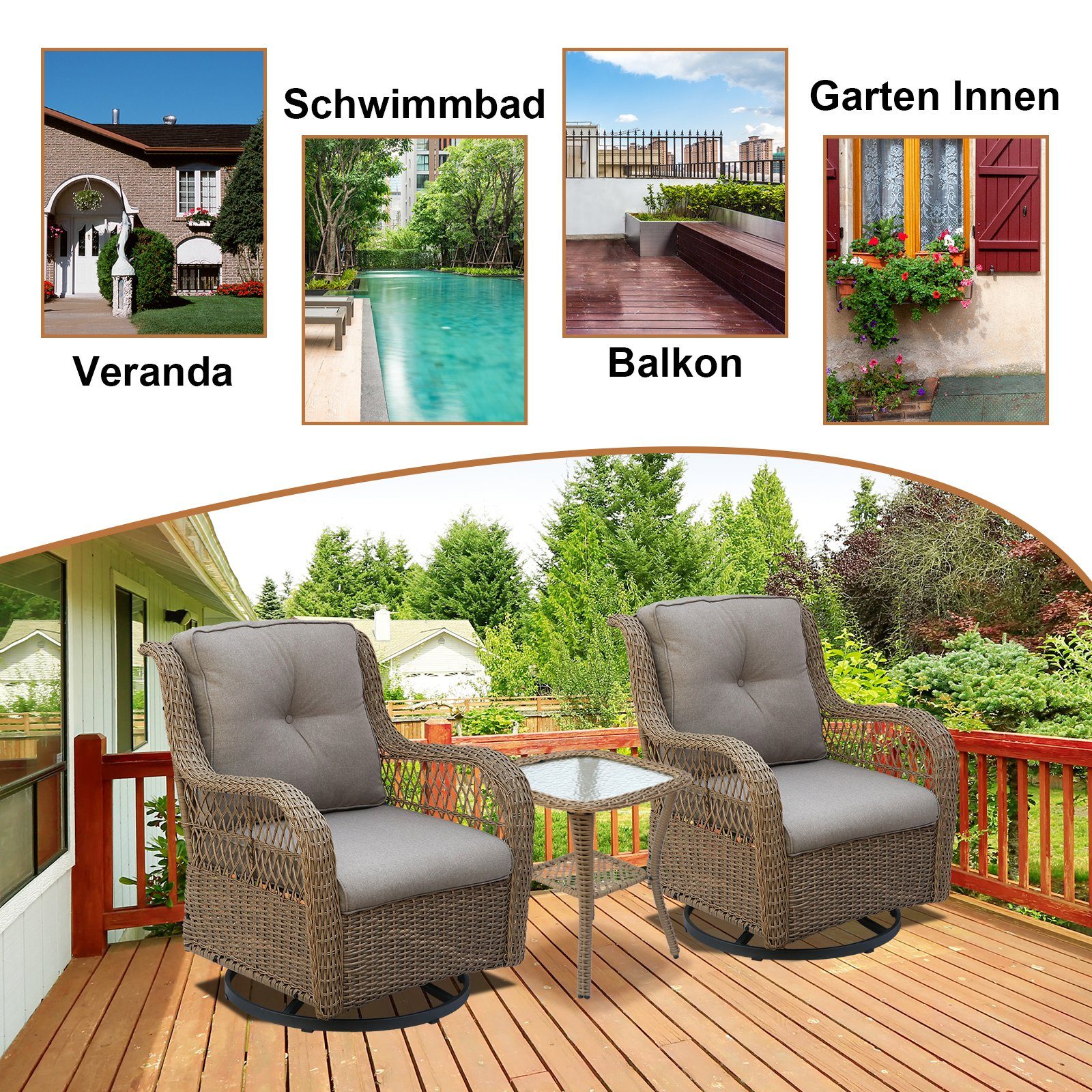 BIGTREE Rattanstuhl 3tlg.Drehbarer Sofasessel+Doppelter Tisch, 2 Farben
