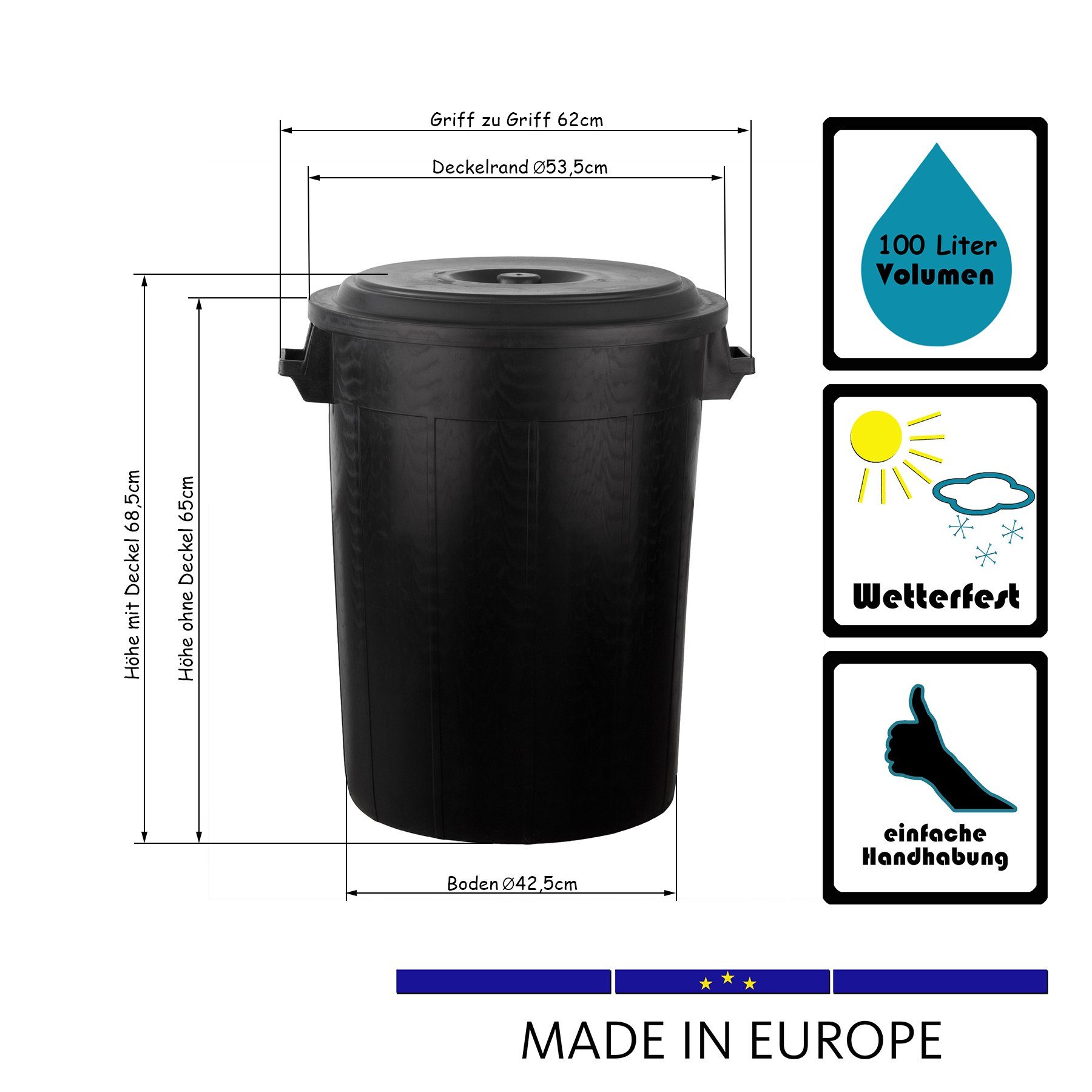BigDean Wasserreservoir Universaltonne 100 Liter Allzweck Tonne Schwarz, 100 l