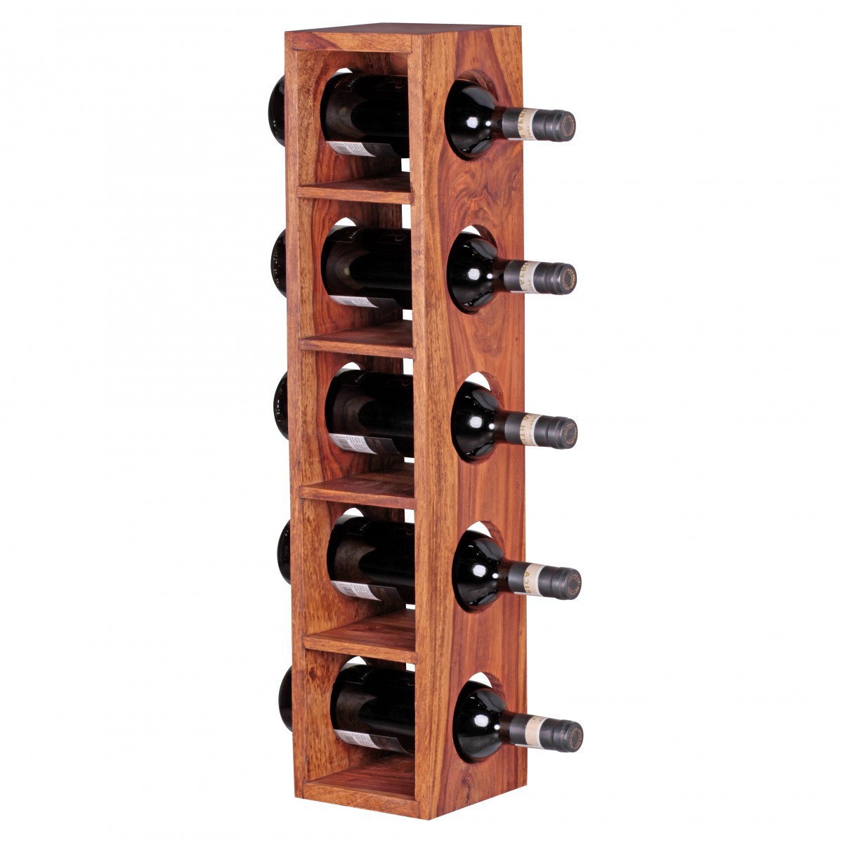 Wohnling Weinregal Massiv-Holz Sheesham Flaschen-Regal Wandmontage für 5 Flaschen Holzregal modern mit Ablage 70 cm