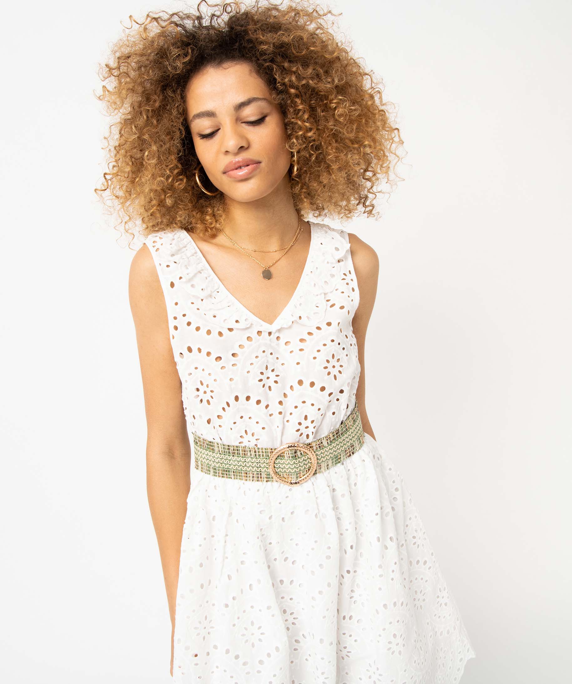 Robe femme en broderie anglaise sans manches ecru | GEMO