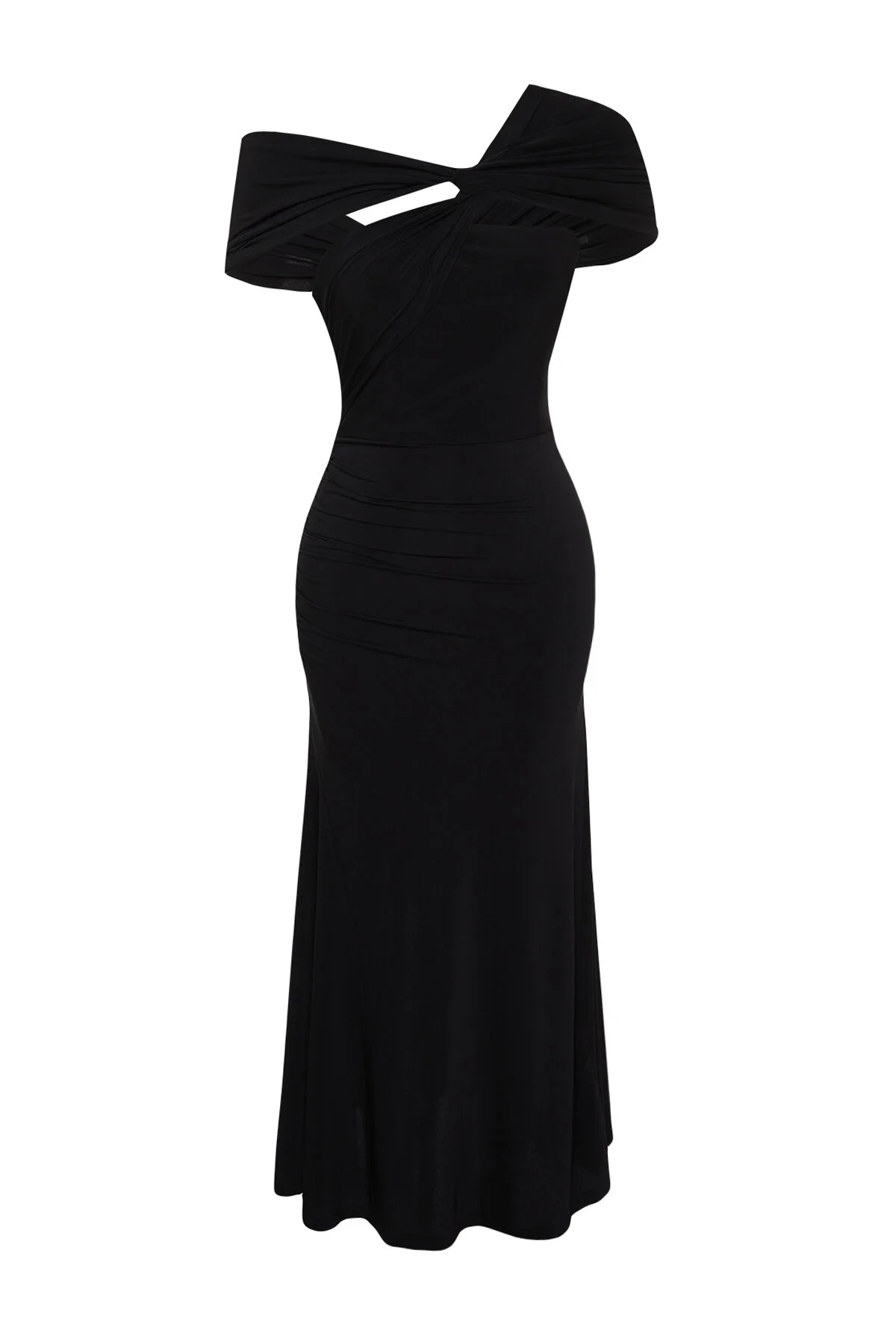 Trendyol Collection  Schwarzes Abendkleid aus Strick mit asymmetrischem Kragen - TPRSS24EL00046