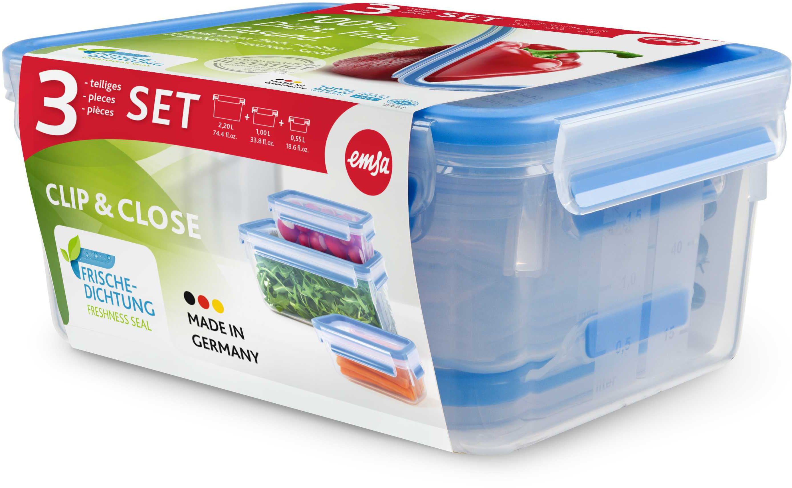 Emsa Frischhaltedose Clip & Close, Kunststoff, (Set, 3-tlg), 0,55/1/2,2L,auslaufsicher, hygienisch, innovative Deckeltechnologie