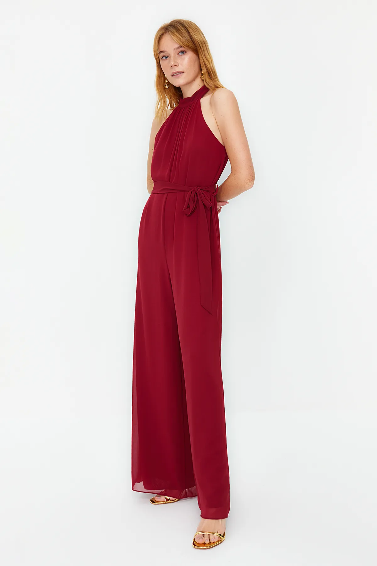 Trendyol Collection  Burgunderfarbener Maxi-Chiffon-Weboverall TWOSS23TU00093
