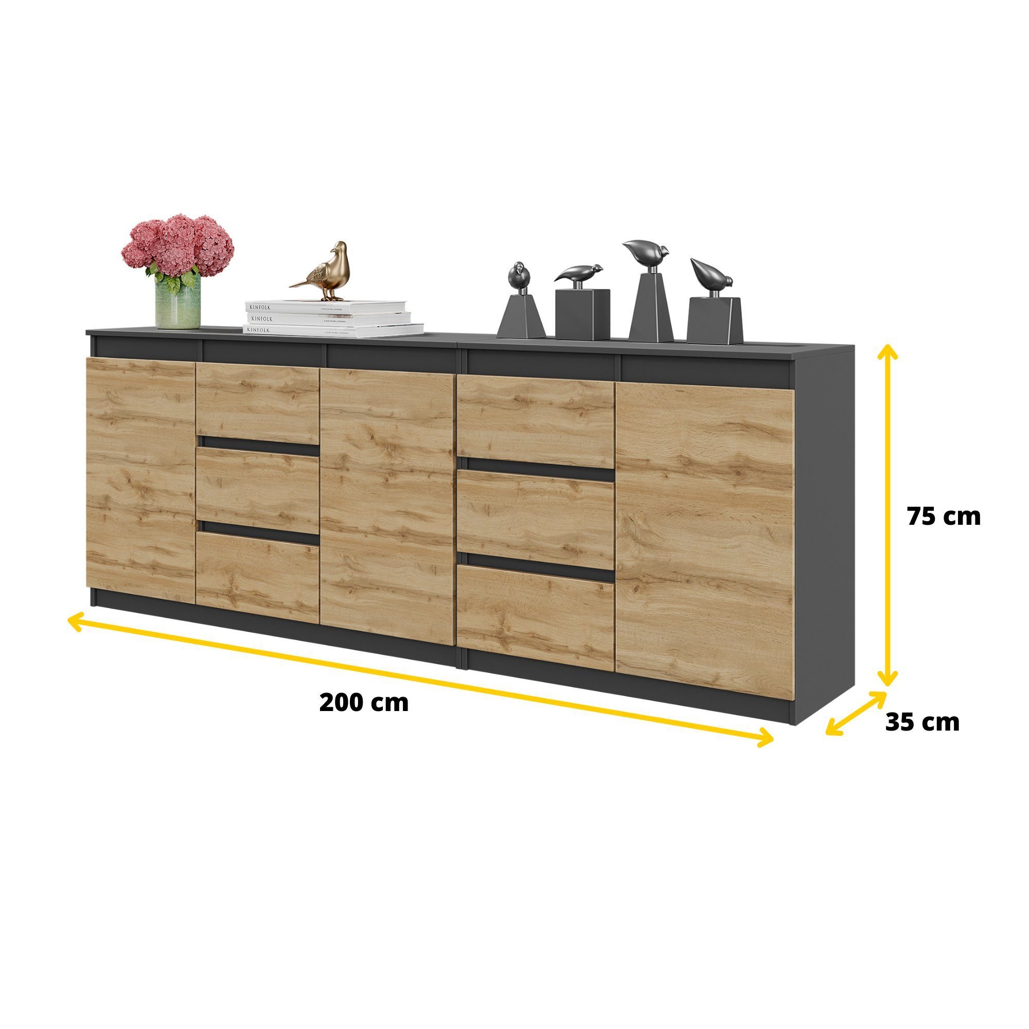 Furnica Kommode MIKEL, 6 Schubladen und 3 Türen - Anthrazit Grau H75cm B200cm T35cm