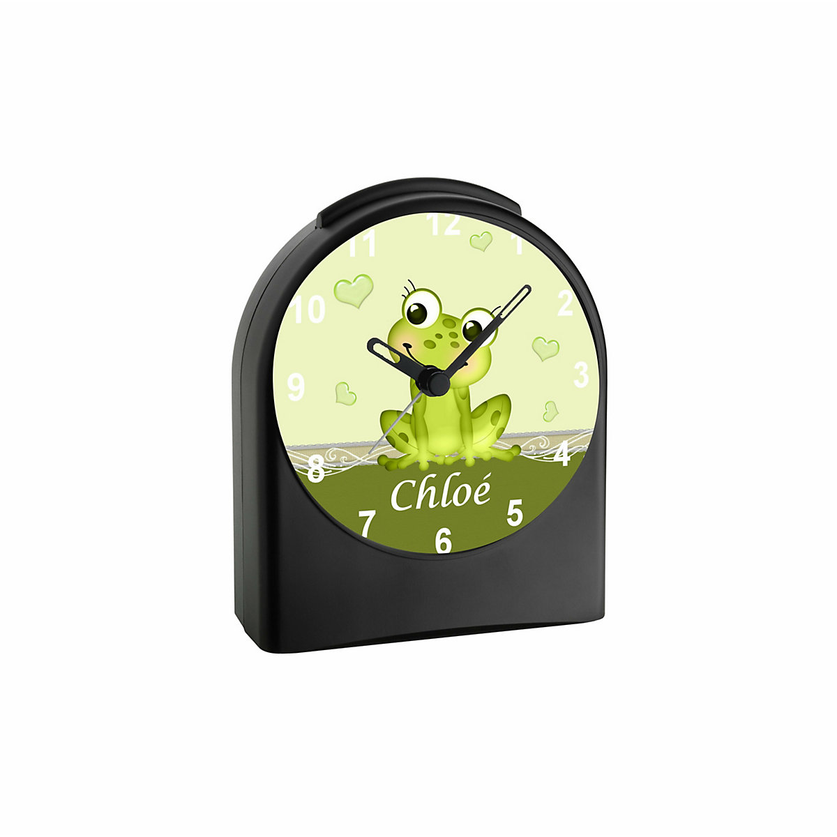 Kinder Funkwecker personalisiert mit Namen Frosch Atom-/Funkuhr, 12-Stunden-Anzeigeformat, Schlummerfunktion, Nachtlicht, Geräuschlos/Ohne Ticken