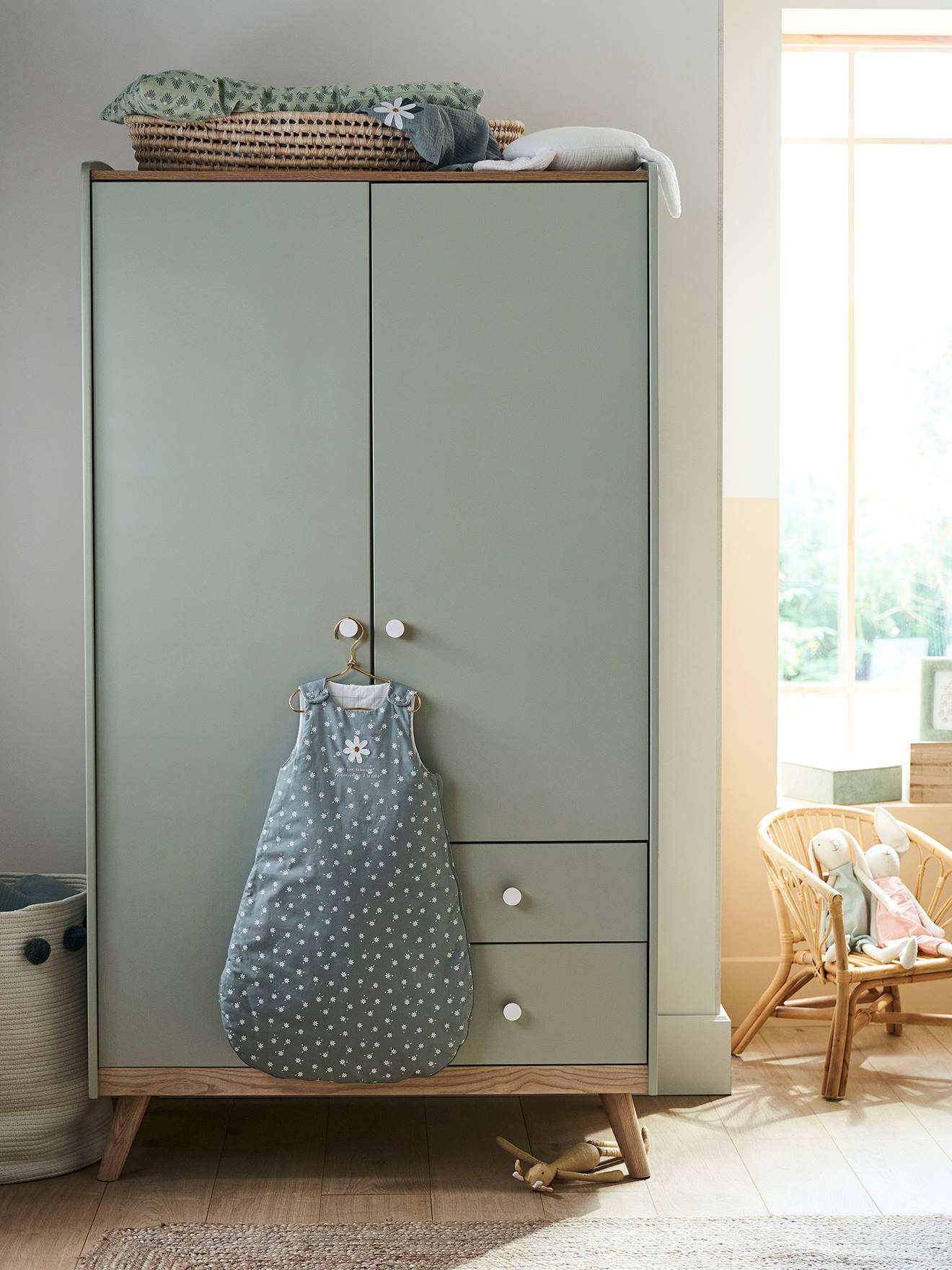 Vertbaudet Kinder Kleiderschrank KONFETTI, 2 Türen - graugrün