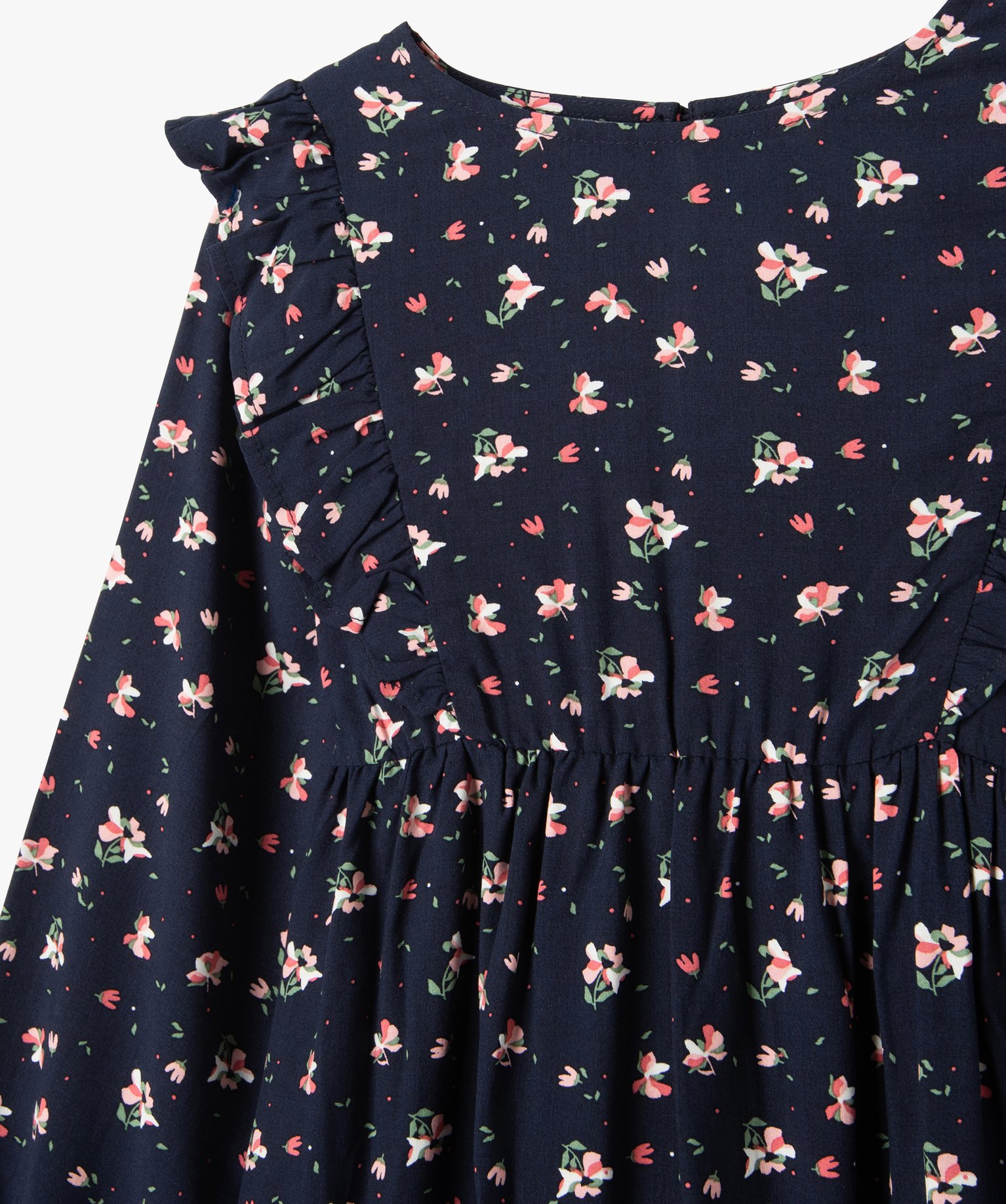 Robe fleurie à manches longues et volants fille marine | GEMO