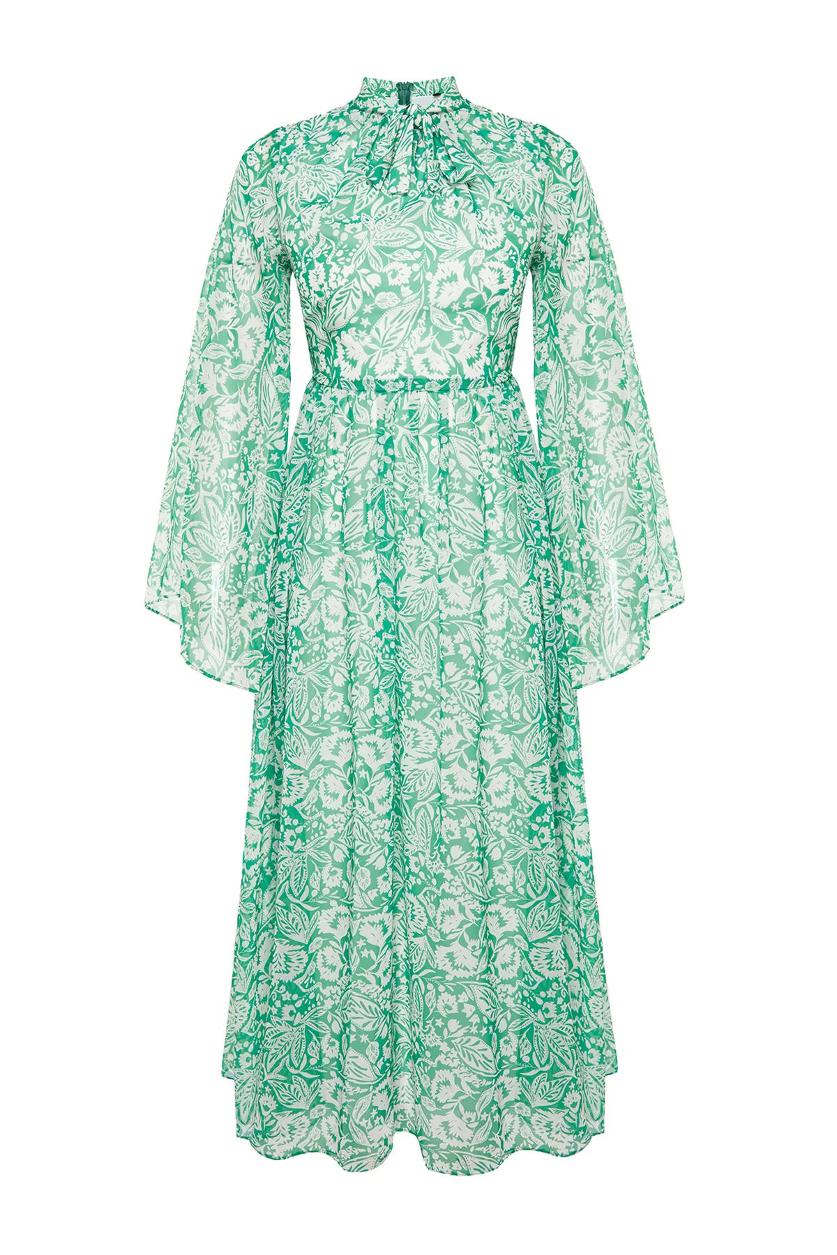 Trendyol Modest  Grünes, gewebtes, gefüttertes Chiffon-Blumenabendkleid TCTSS24DB00015