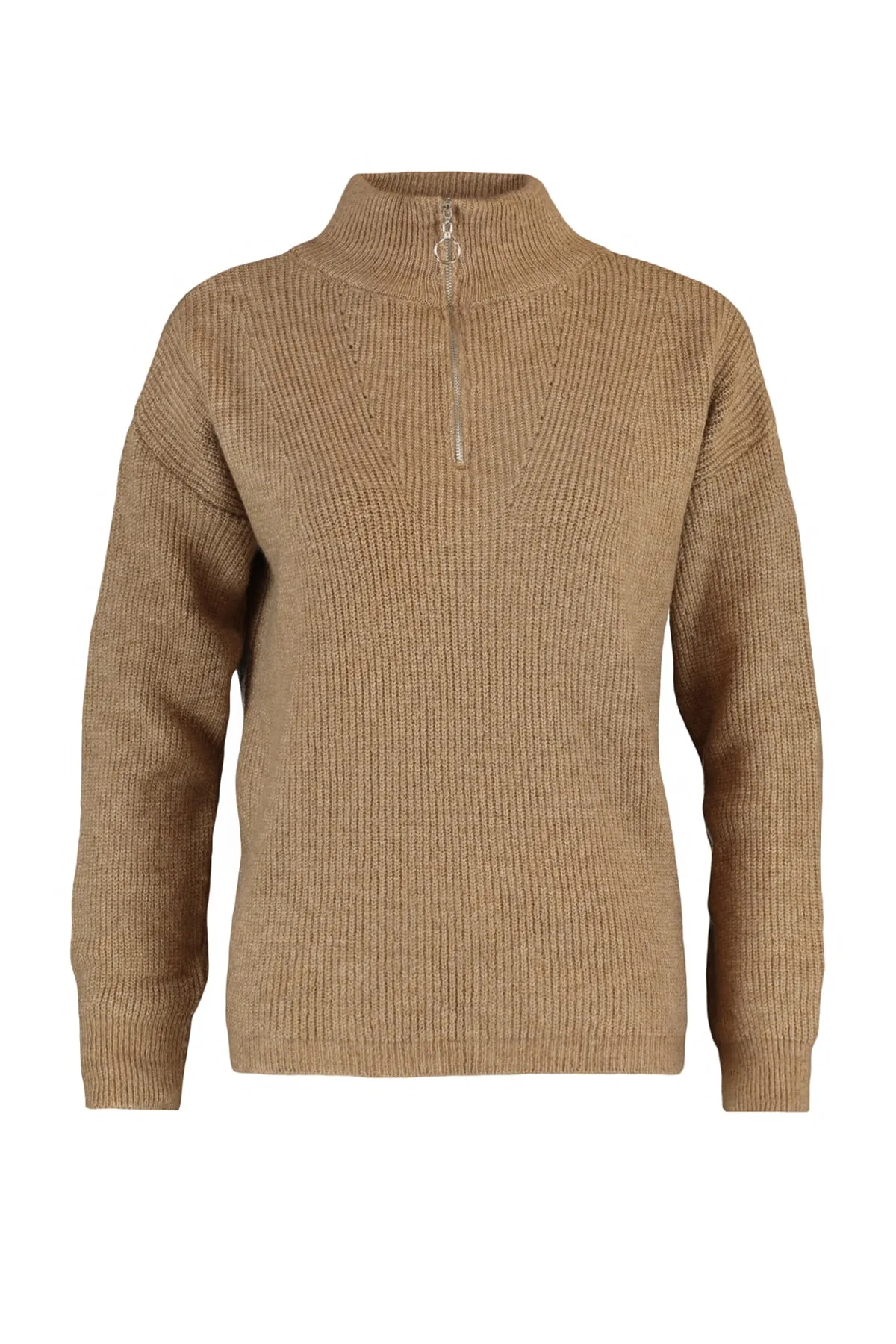 Trendyol Collection  Kamelfarbener Strickpullover mit weicher Struktur und Reißverschluss TWOAW20XS0009