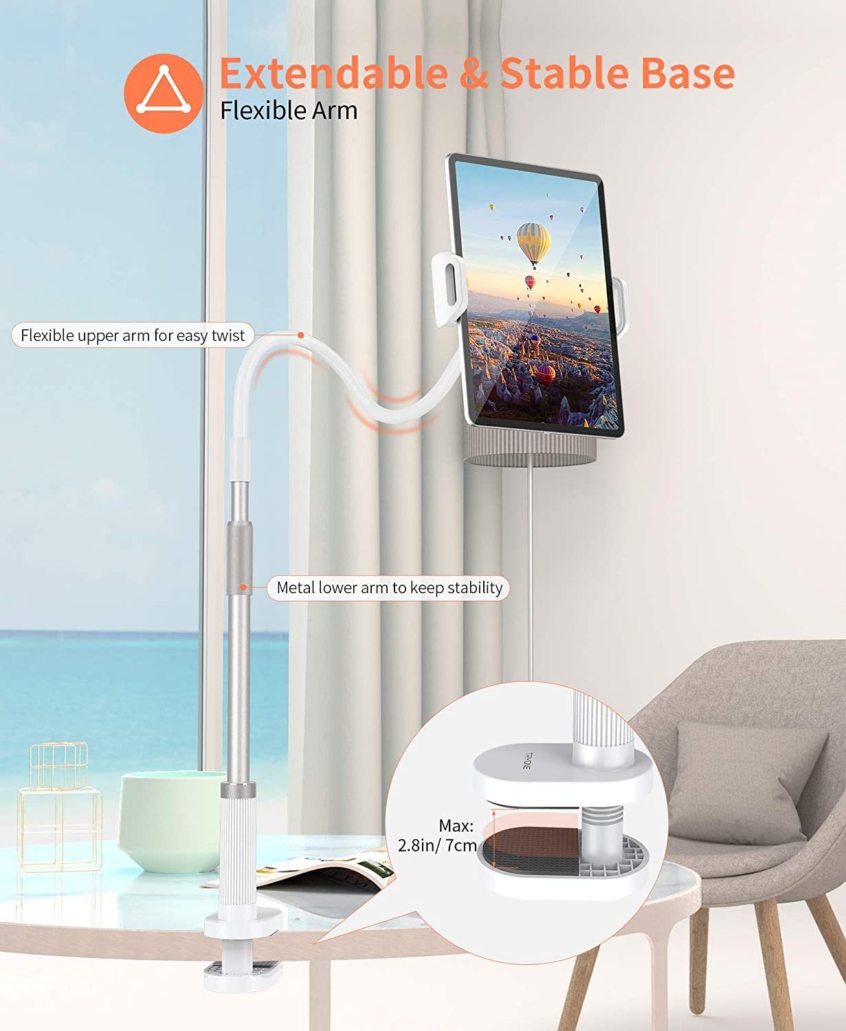 vokarala VOKARALA Schwanenhals Tablet Halterung, Tablet Halter - Verstellbare Arm Tablet Ständer für iPad Air, Neu iPad Pro, Mini, iPhone, E-Reader und weitere 4 bis 11 Zoll Geräte Tablet-Halterung