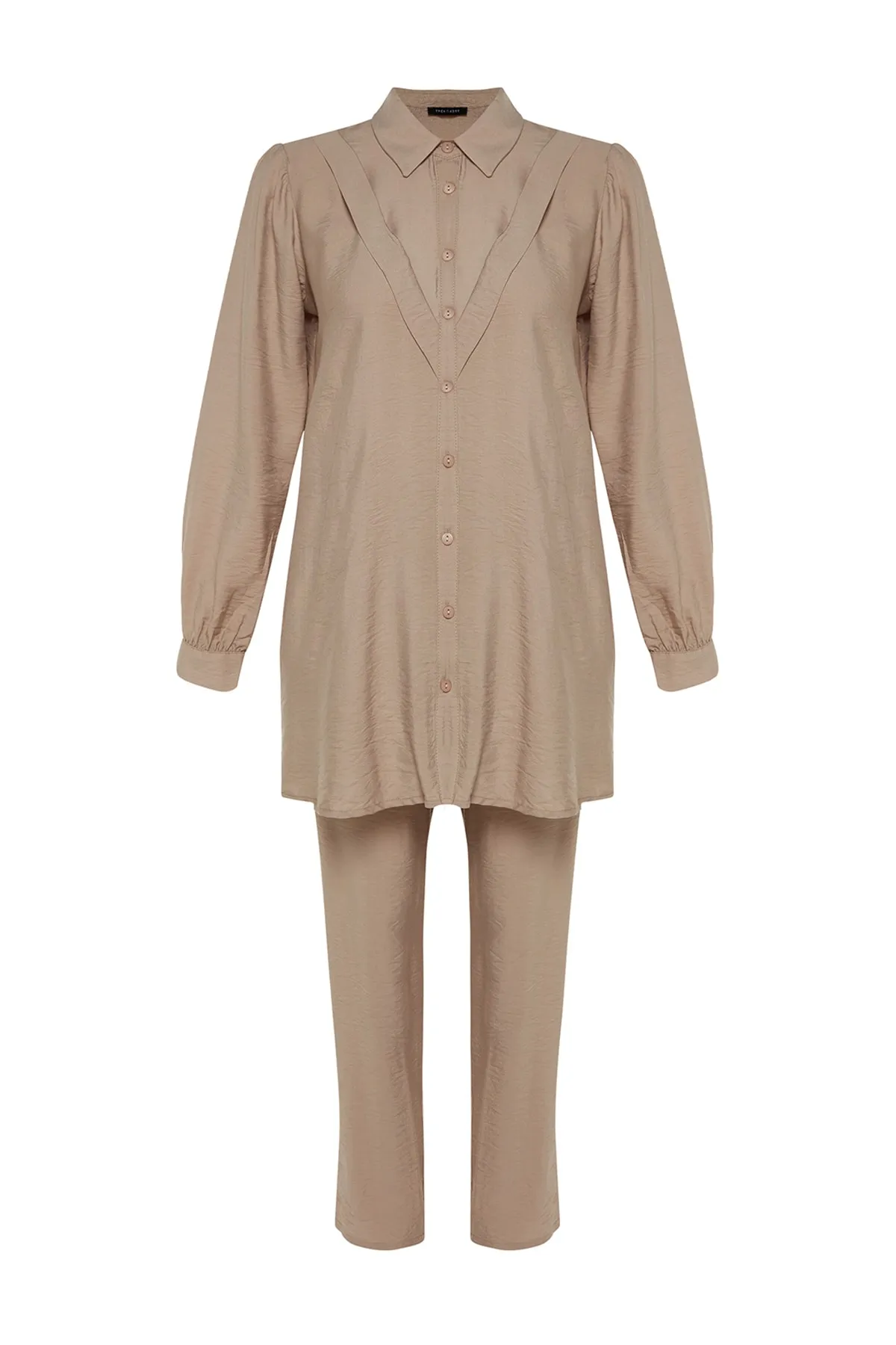 Trendyol Modest  Kamelfarbenes Leinen-Look-Hemd-Hosen-Webset TCTSS23US00079