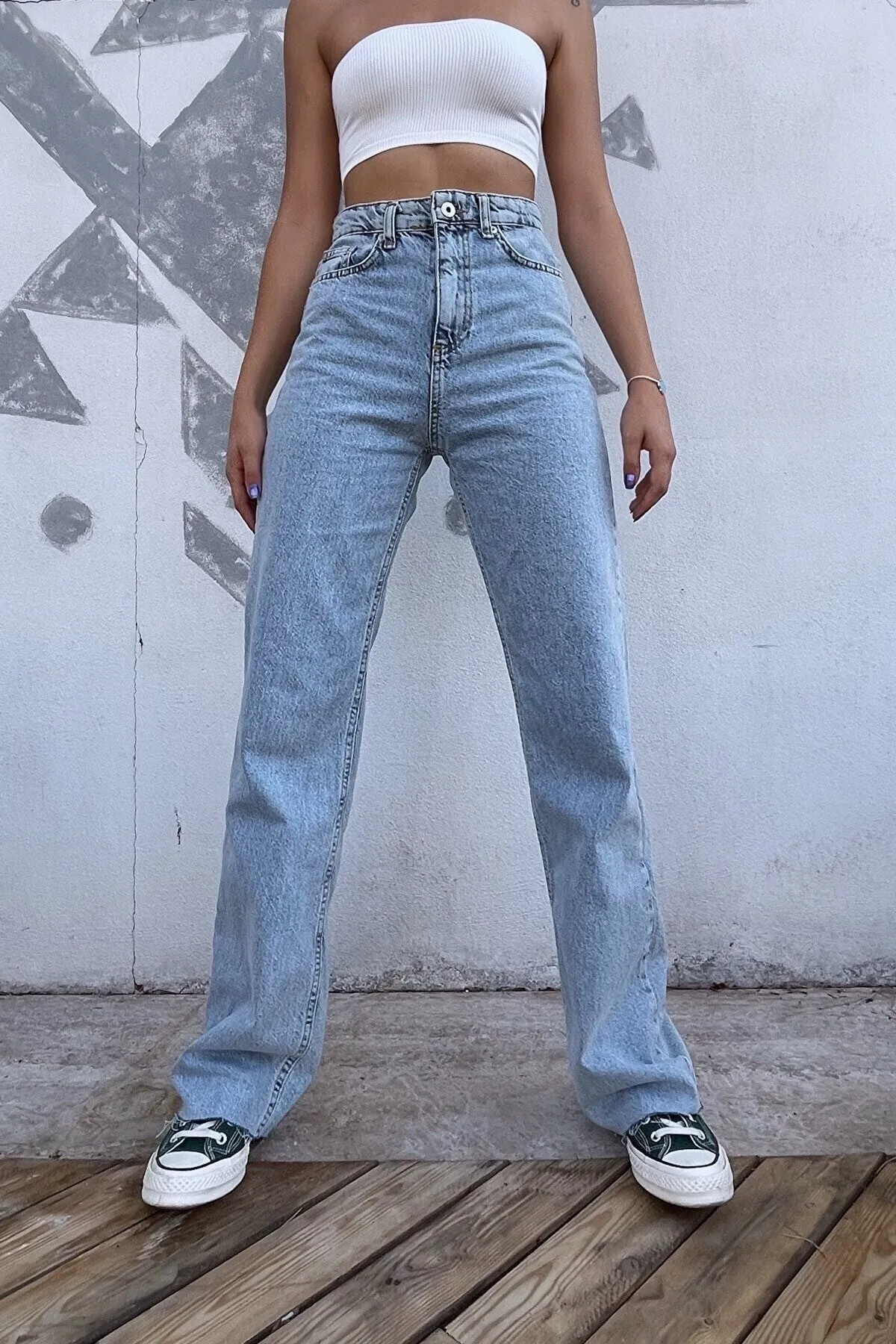 Trn JNS  Cesy Lycra Damen Hellblau Snow Wash Super High Waist Loose Leg Denim Loose Palazzo Hose