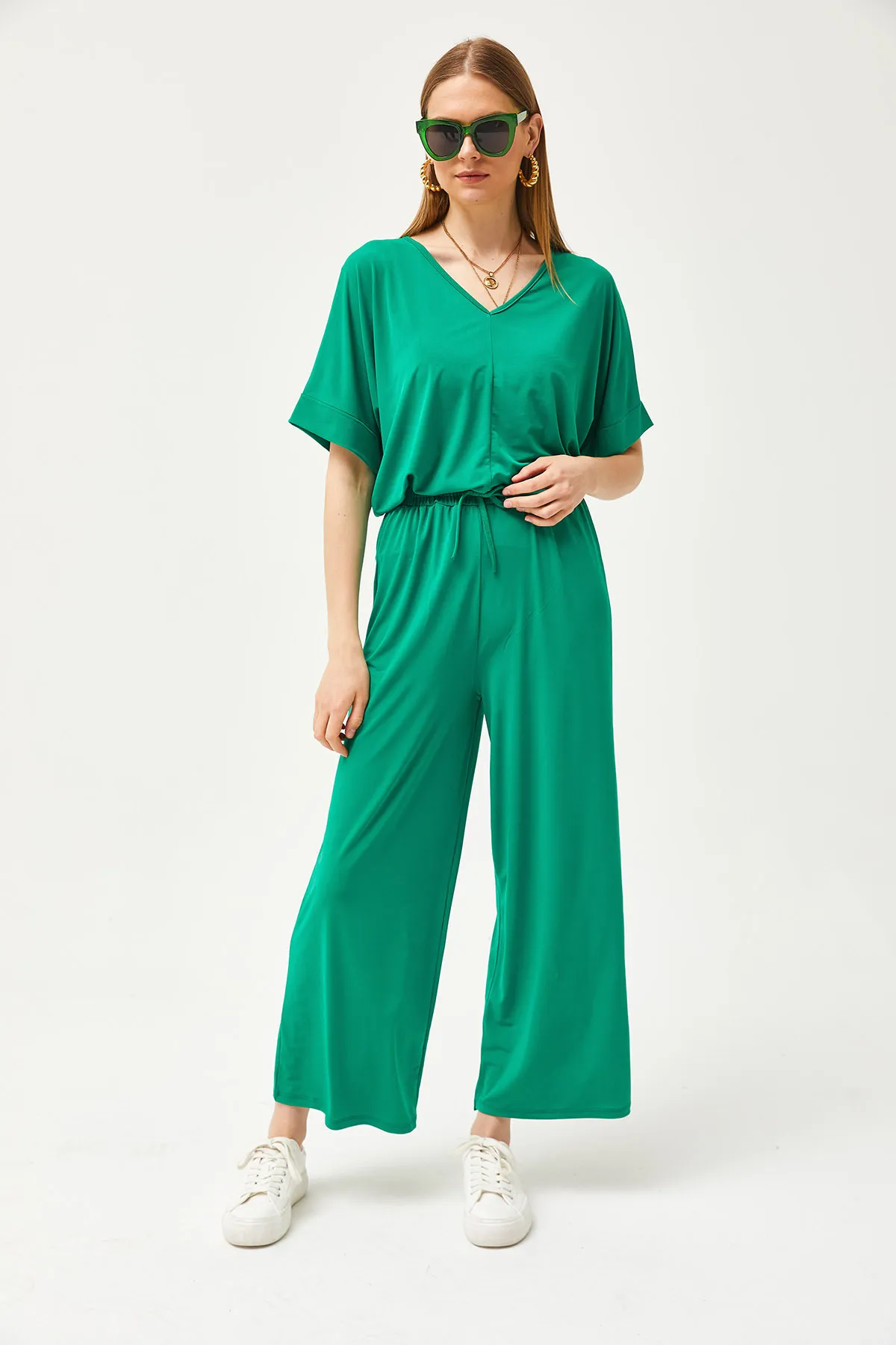 Olalook  Grünes Oberteil, Bluse, Unterteil, Palazzo, lockeres Strick-Set für Damen, TKM-19000267