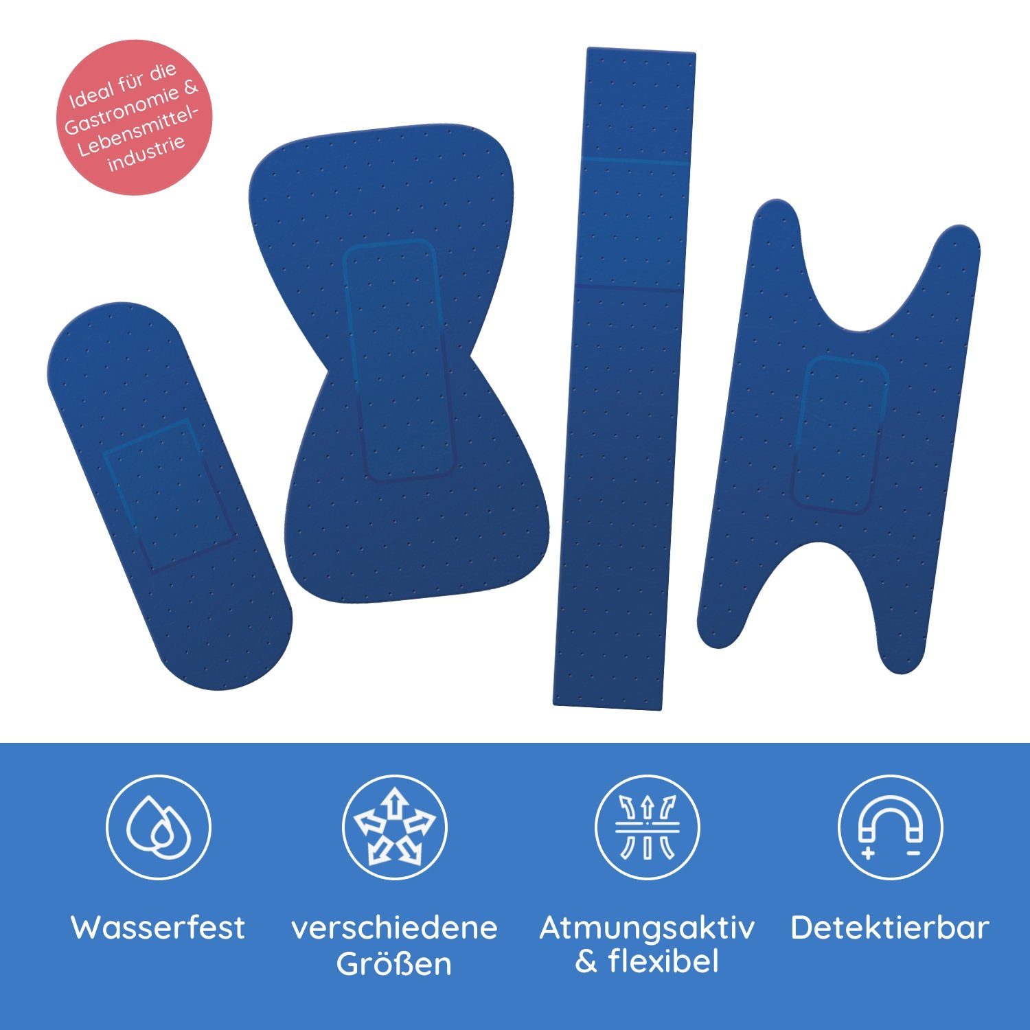 FLEXEO Wundpflaster Pflaster Mix (50 St), Pflastersortiment detektierbar wasserfest blau, 50 Stk