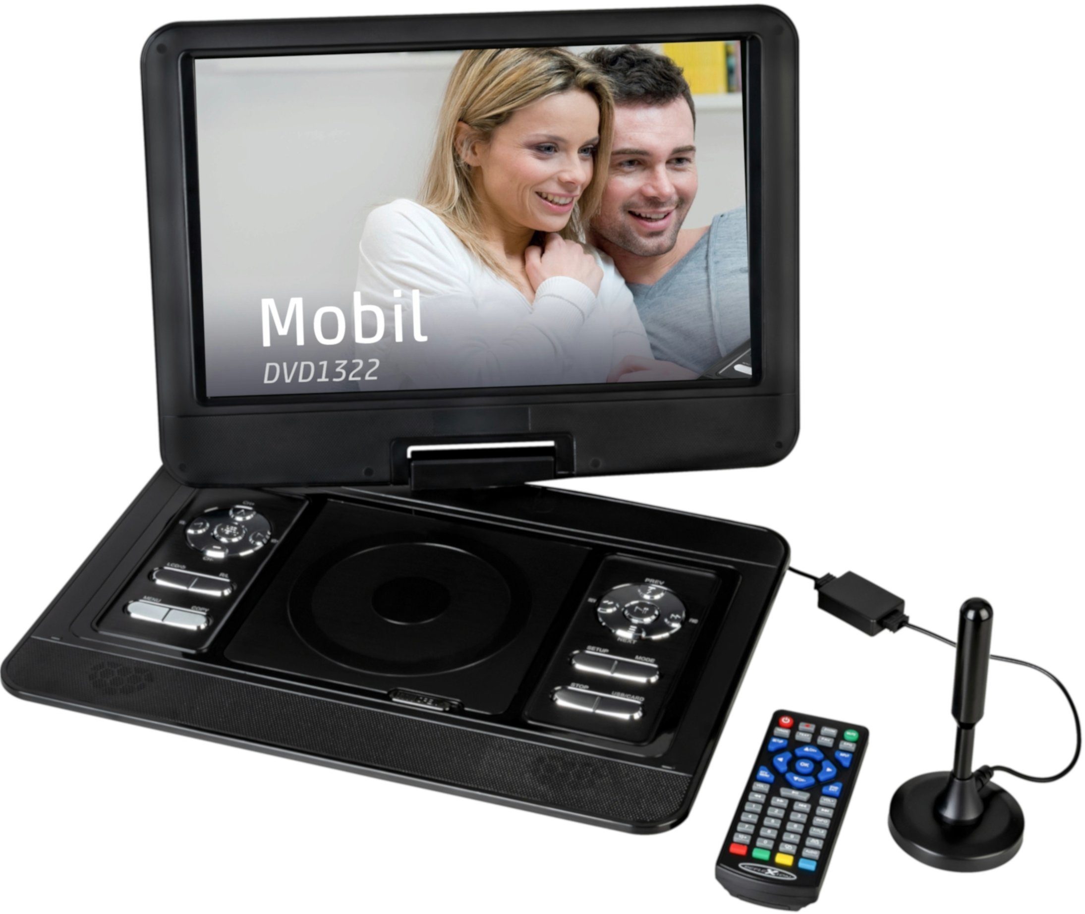 Reflexion DVD1322B Portabler DVD-Player (13” tragbarer LCD-Monitor, DVB-T2 HD, DVD-Player, Gamepad, Game-Disk, USB, Micro-SD, Akku, 12V-Adapter)