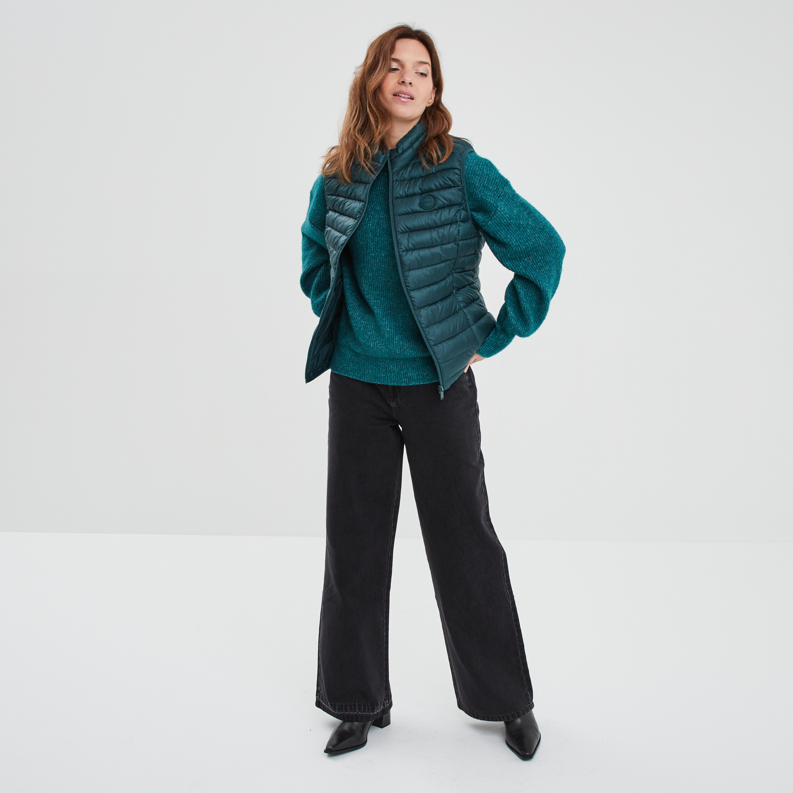 Pull col rond manches ballons bleu canard femme | La Halle