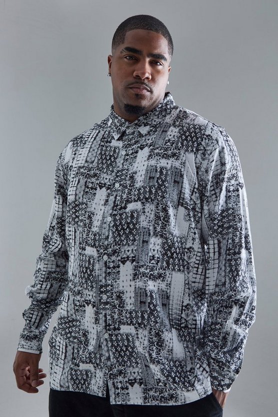 Plus langärmliges Patchwork Hemd mit Print