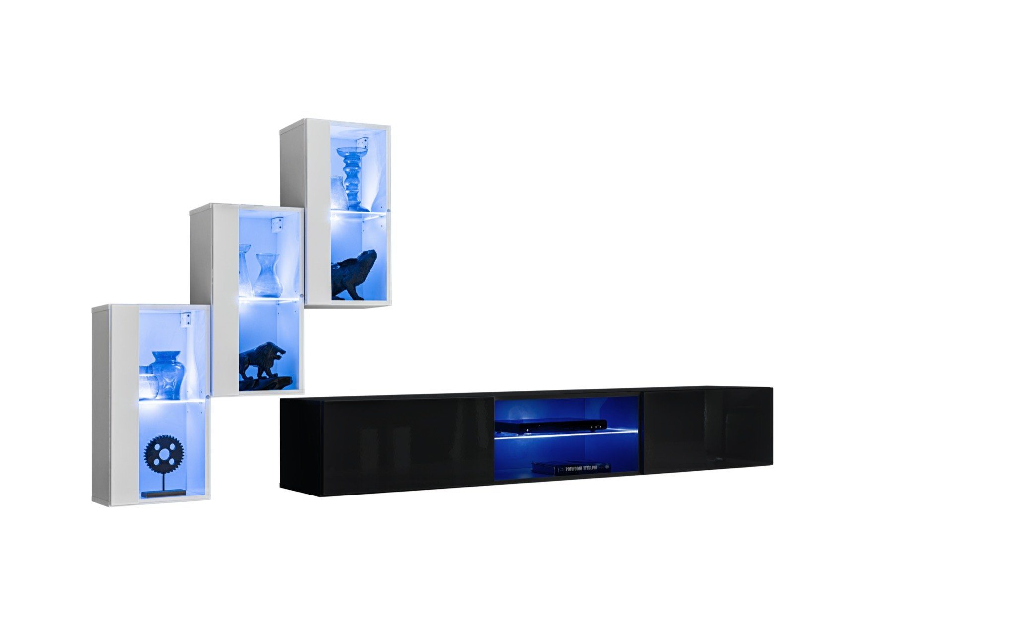 JVmoebel Wohnwand Modern Wohnwand TV Ständer 3x Hänge Vitrine Set Designer Einrichtung, (4-St., TV Ständer + 3x Hänge Vitrine), LED beleuchtet