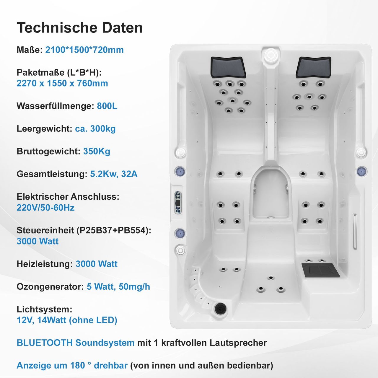 TroniTechnik Outdoor Whirlpool Elba inkl. Heizung, Hydromassage, Bluetooth und Farblicht