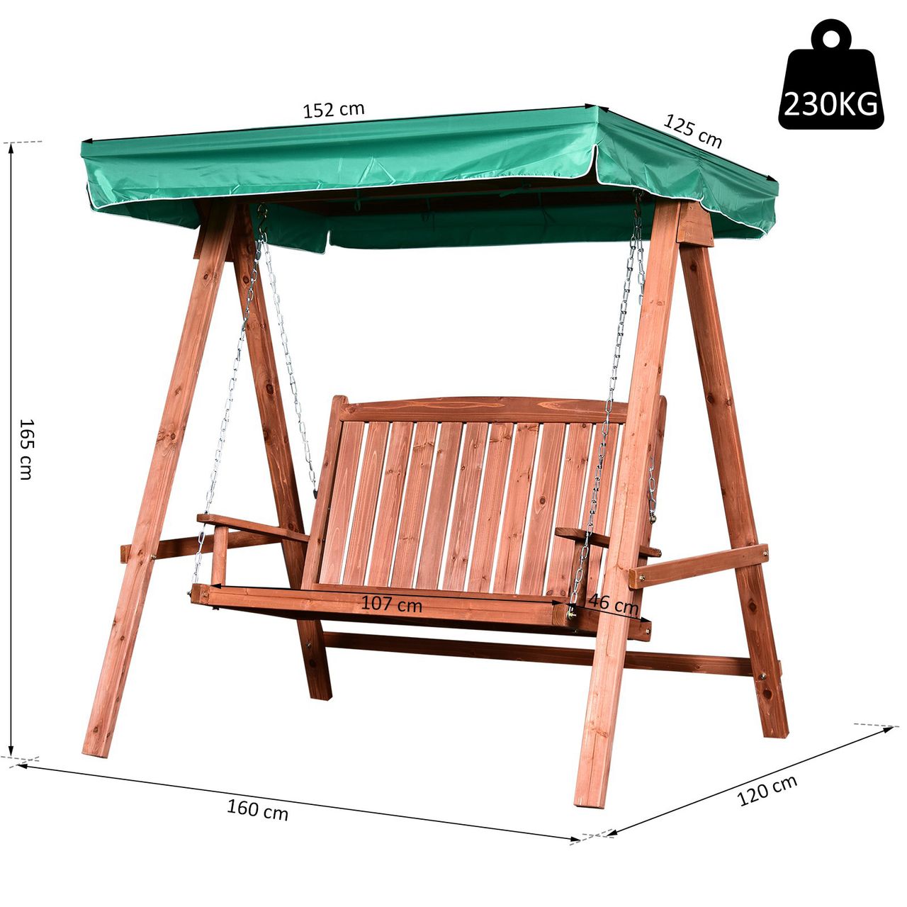 Outsunny Gartenschaukel für 2 Personen mit Dach Massivholz Grün 160 x 120 x 165 cm