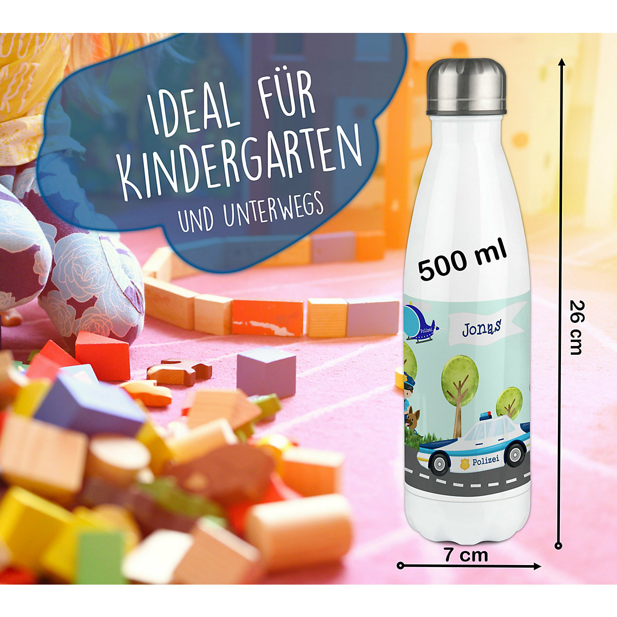 Edelstahl Kinder Thermoflasche / Trinkflasche bunt Polizei Spülmaschinenfest, Auslaufsicher, Bruchfest, Doppelwandig, Für Heißgetränke geeignet, Mit Deckel, Isoliert