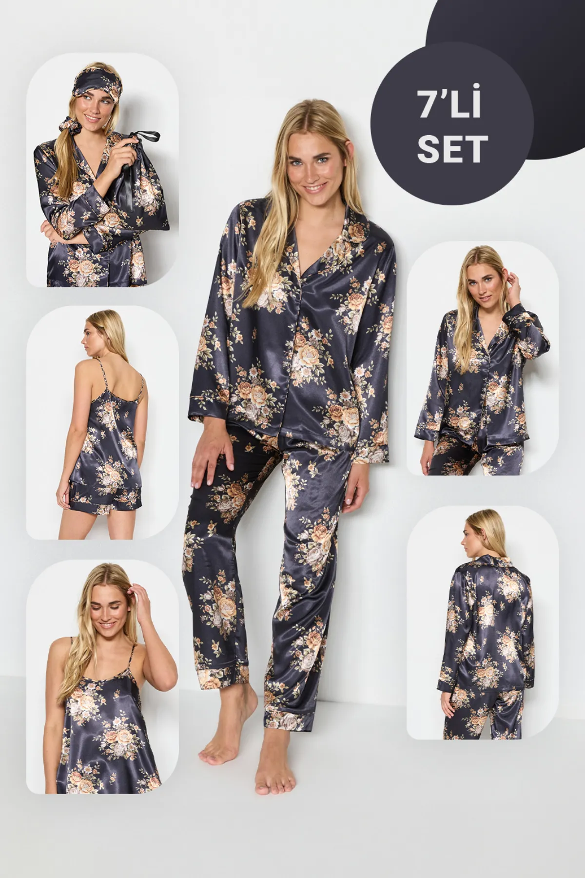 C&City  Gemustertes 7-teiliges Satin-Pyjama-Set 9550 Schwarz/Gelb