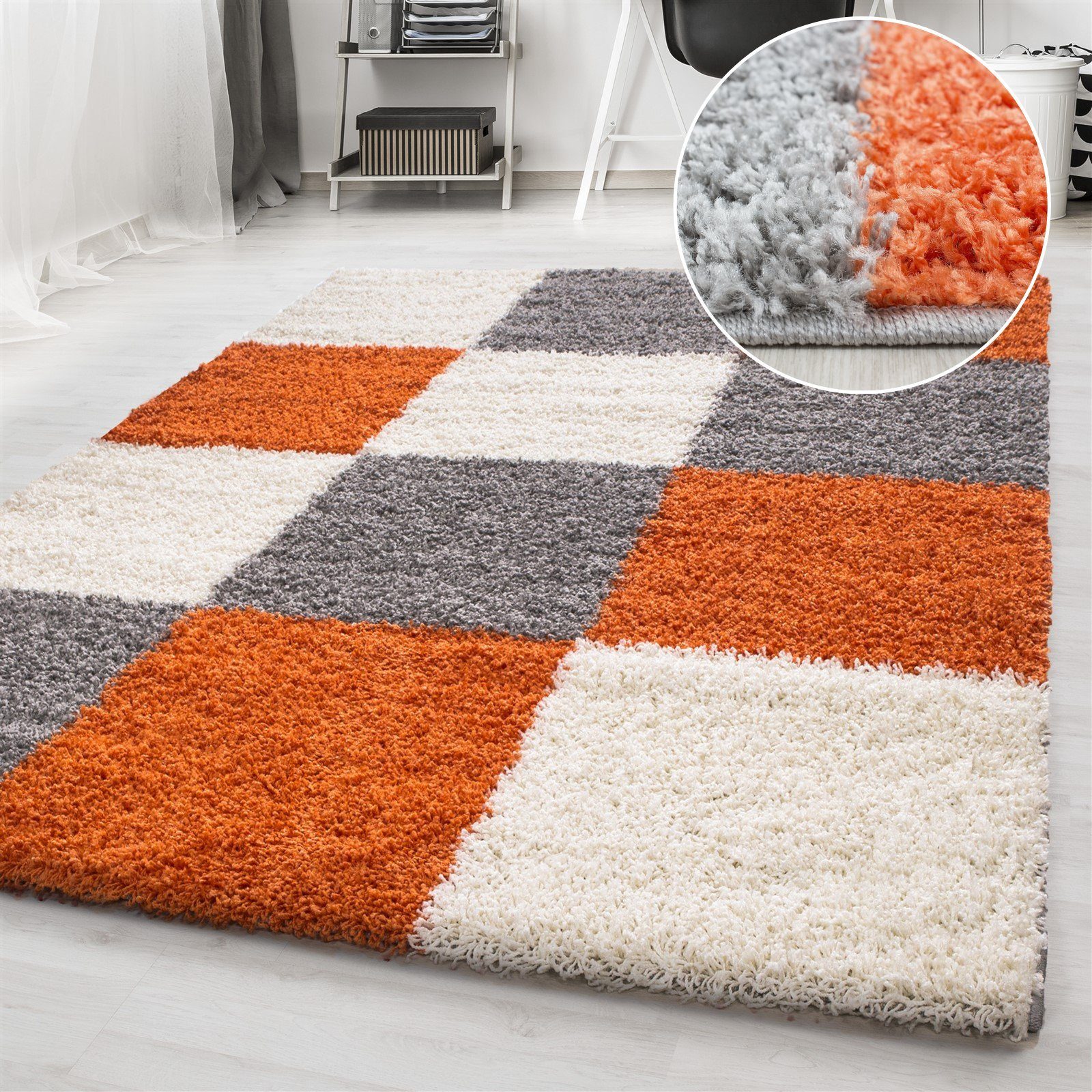 Hochflor-Teppich Hochflorteppich Langflor kariert Shaggy Wohnzimmer, Miovani, Höhe: 30 mm